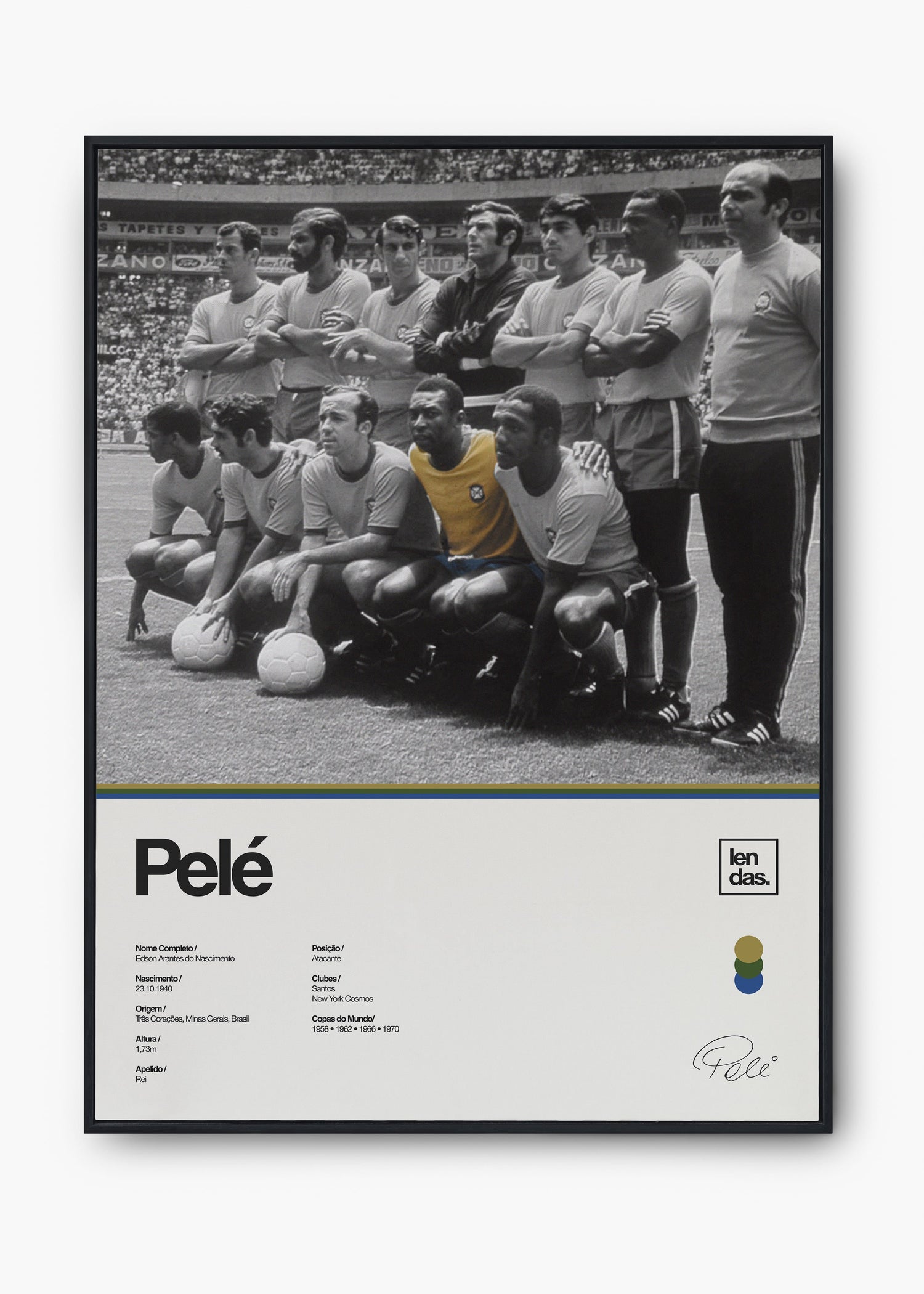 Quadro Pelé, o Rei do Futebol, em moldura clássica preta emoldurado na parede
