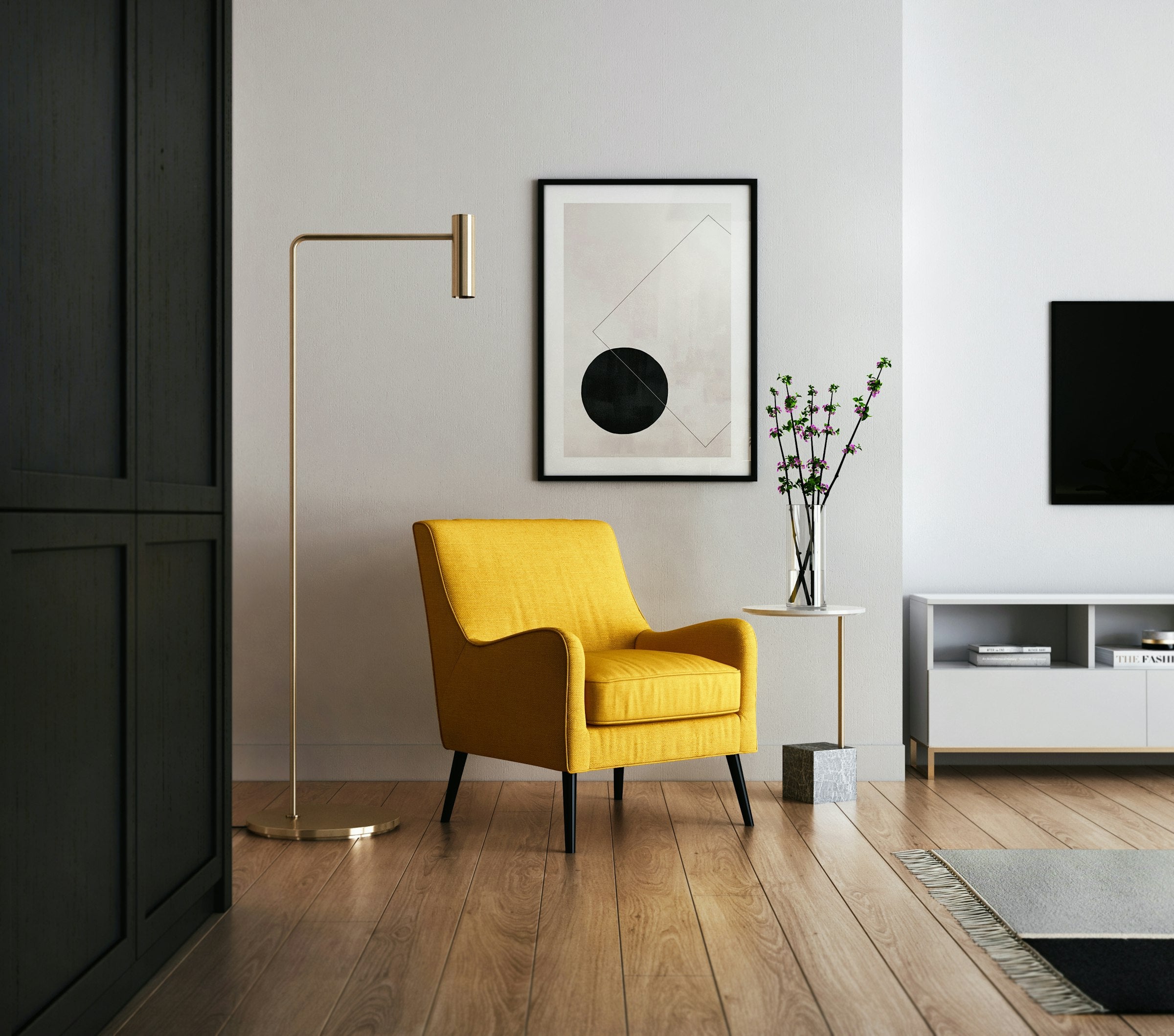 Sala de estar moderna com composição de quadros emoldurados na parede acima do sofá