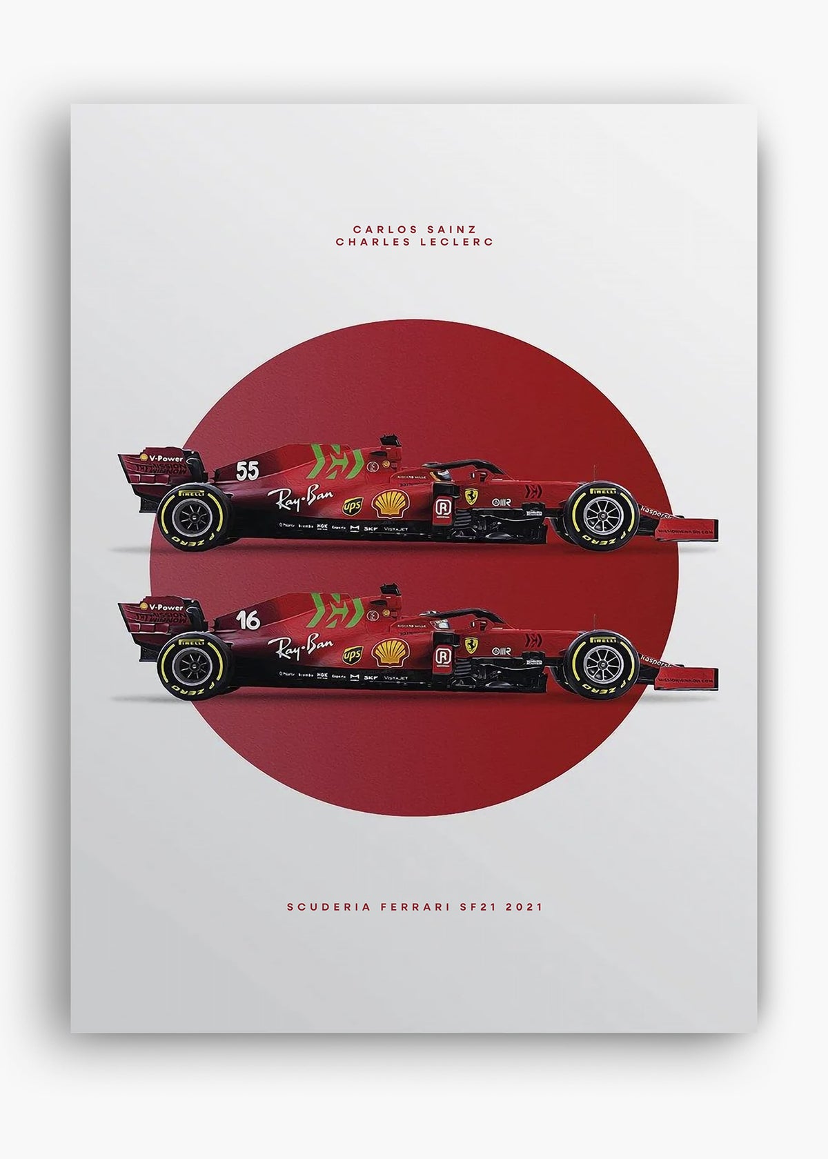 Quadro decorativo Scuderia Ferrari SF21 Leclerc e Sainz — arte de automobilismo para parede | Cübe Quadros