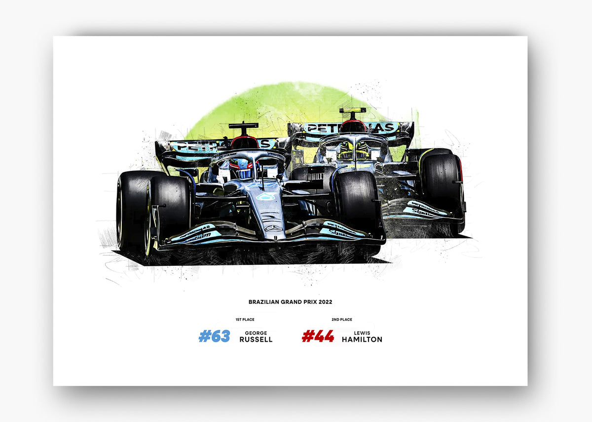 Quadro decorativo Lewis Hamilton e George Russell Brasil 2022 — arte de automobilismo para parede | Cübe Quadros
