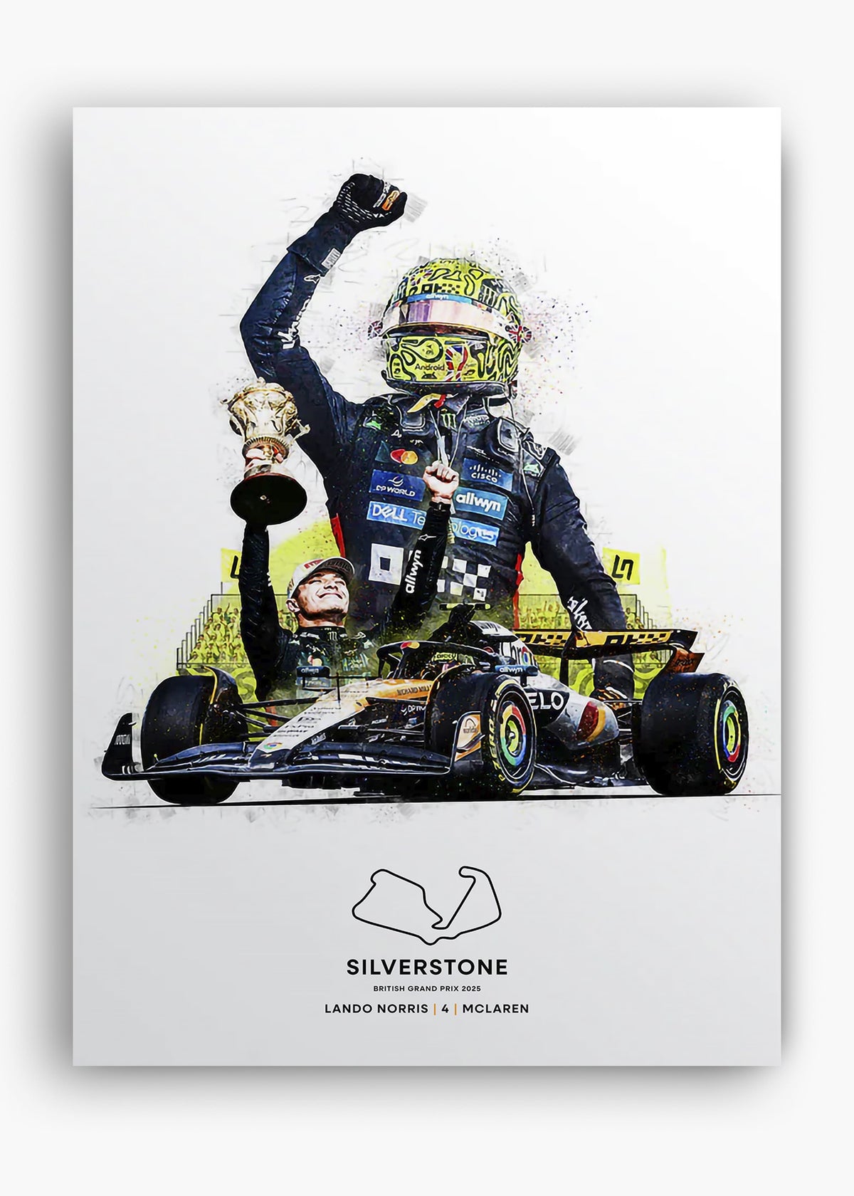 Quadro decorativo Lando Norris Silverstone 2025 — arte de automobilismo para parede | Cübe Quadros
