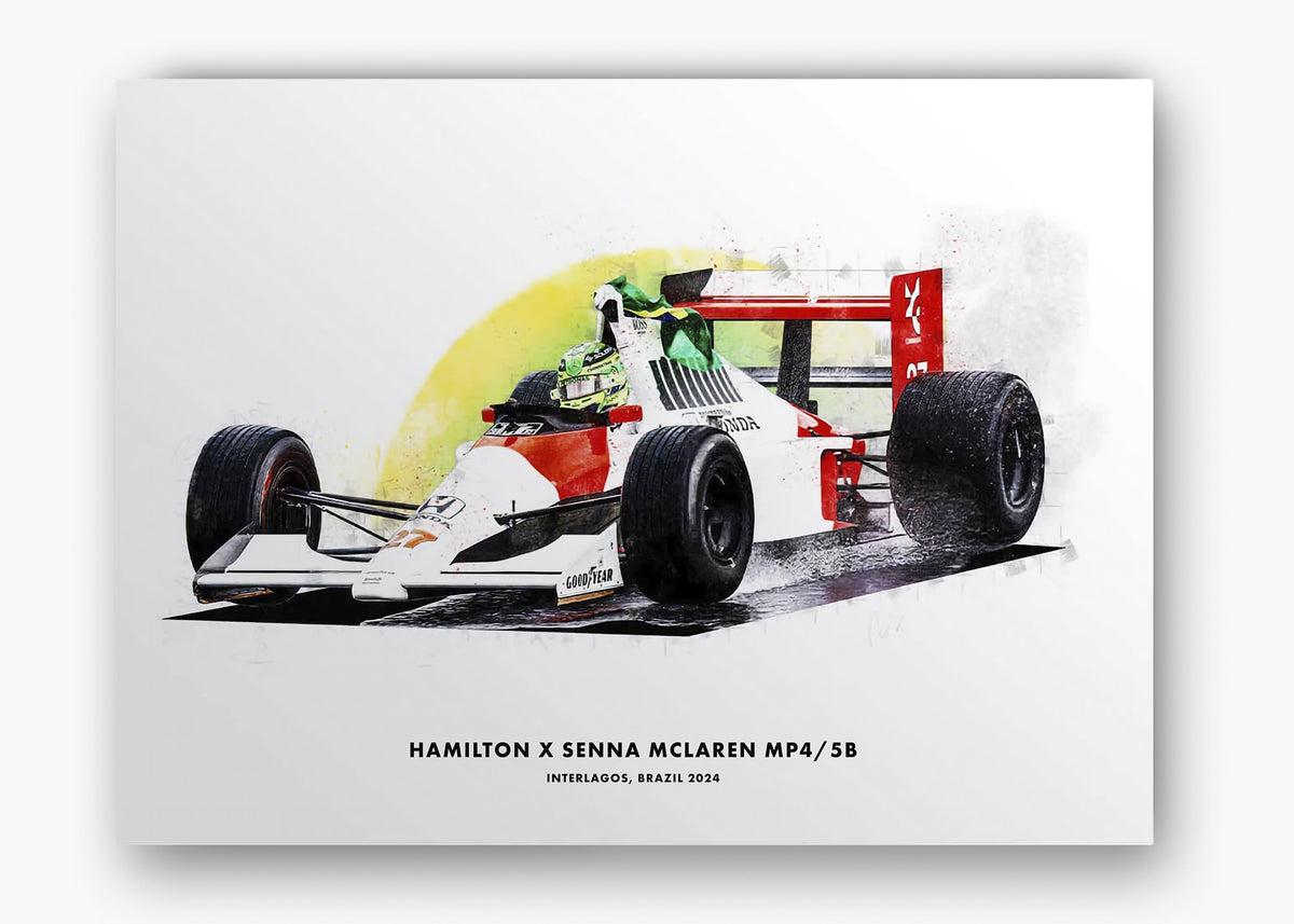 Quadro decorativo Lewis Hamilton McLaren MP4/4 Brasil 2024 — arte de automobilismo para parede | Cübe Quadros