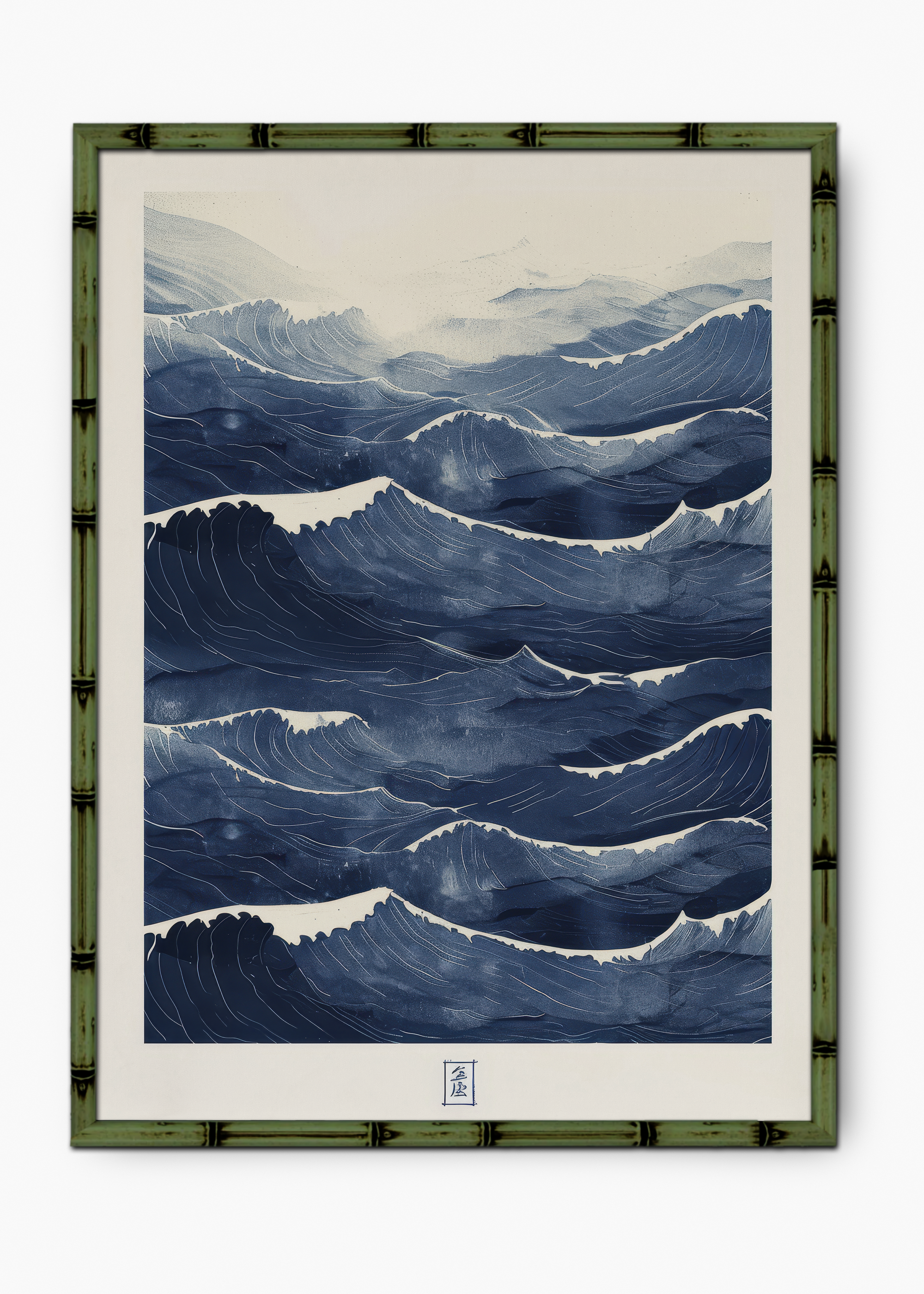 Quadro Japonês The Blue Waves Edição Especial Bamboo - Moldura Verde
