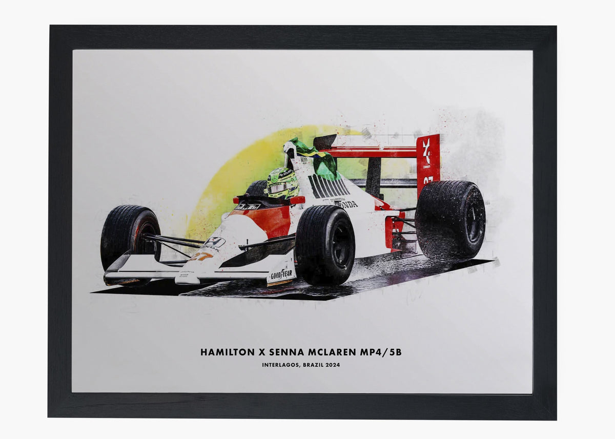 Quadro decorativo Lewis Hamilton McLaren MP4/4 Brasil 2024 — arte de automobilismo para parede | Cübe Quadros