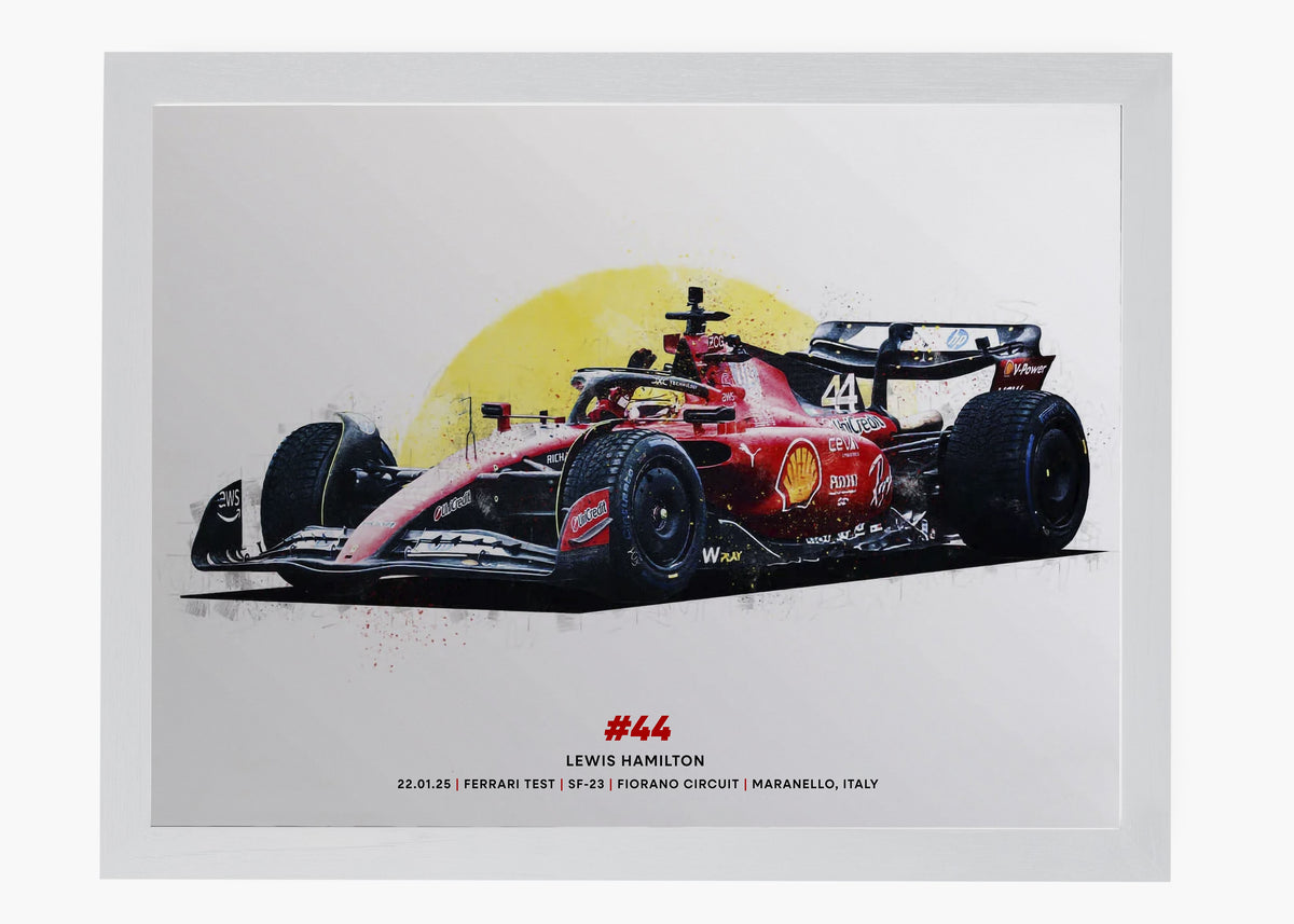 Quadro decorativo Lewis Hamilton Ferrari Test — arte de automobilismo para parede | Cübe Quadros