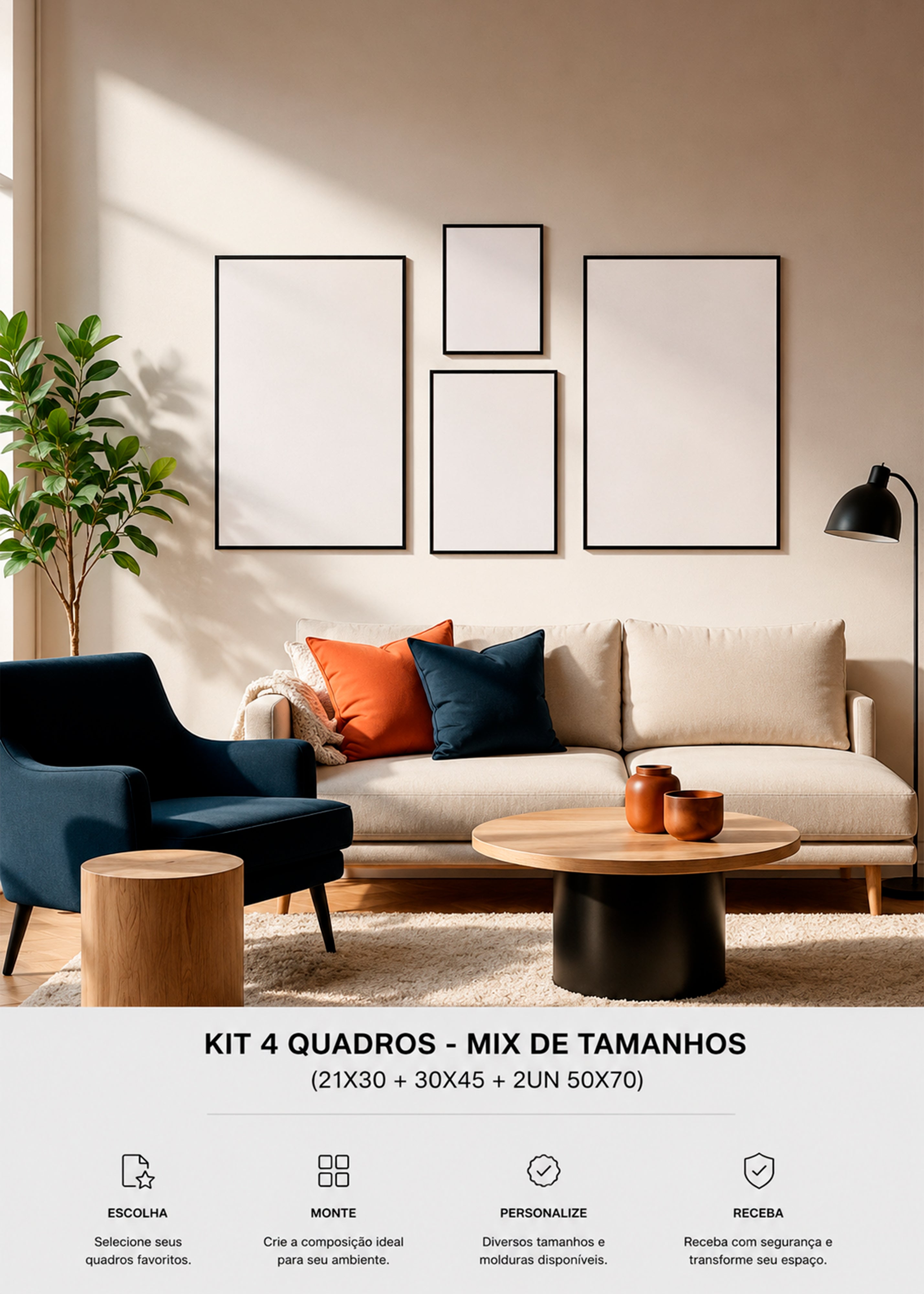 KIT 4 Quadros - Mix de Tamanhos (21x30 + 30x45 + 2un 50x70)