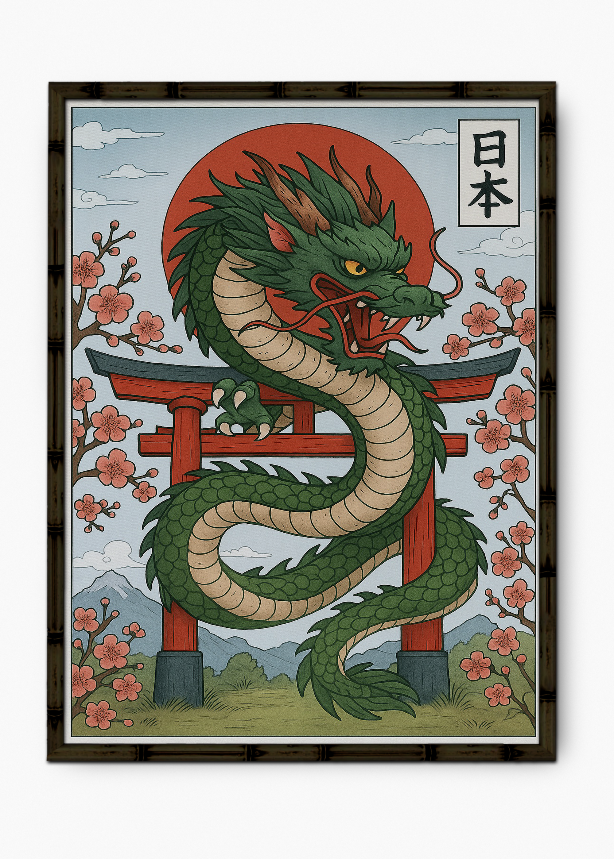 Quadro Japonês Green Dragon Edição Especial Bamboo - Moldura Preto