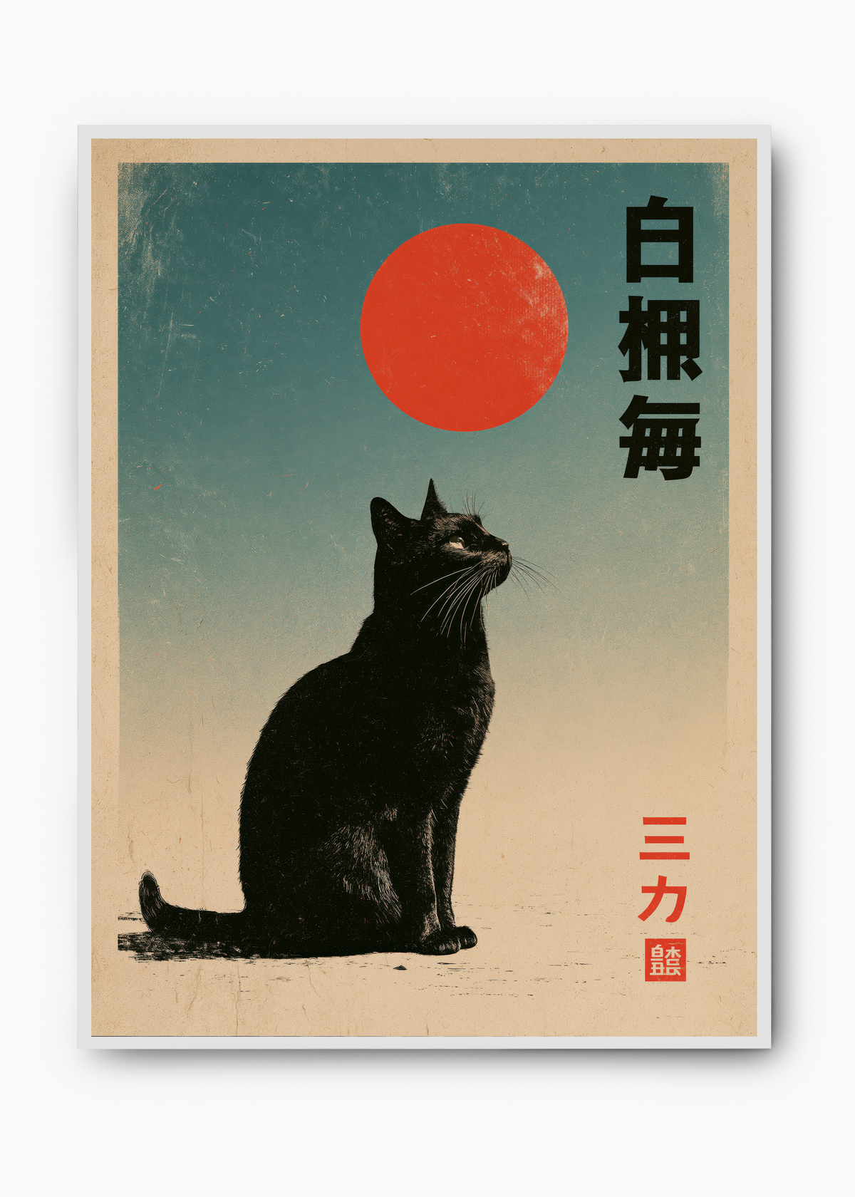 Quadro Japonês Cat & Red Sun - 2