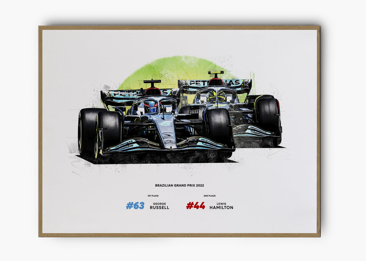 Quadro decorativo Lewis Hamilton e George Russell Brasil 2022 — arte de automobilismo para parede | Cübe Quadros