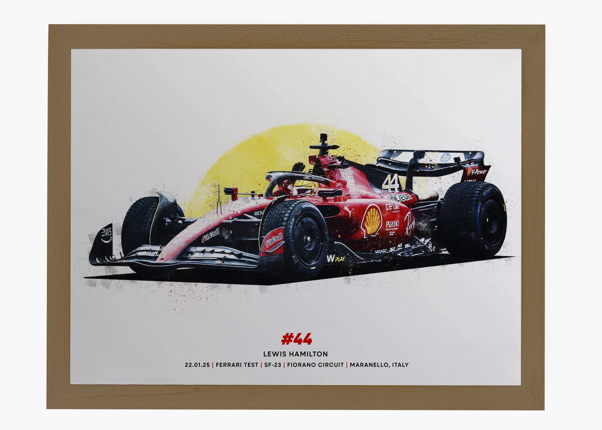 Quadro decorativo Lewis Hamilton Ferrari Test — arte de automobilismo para parede | Cübe Quadros