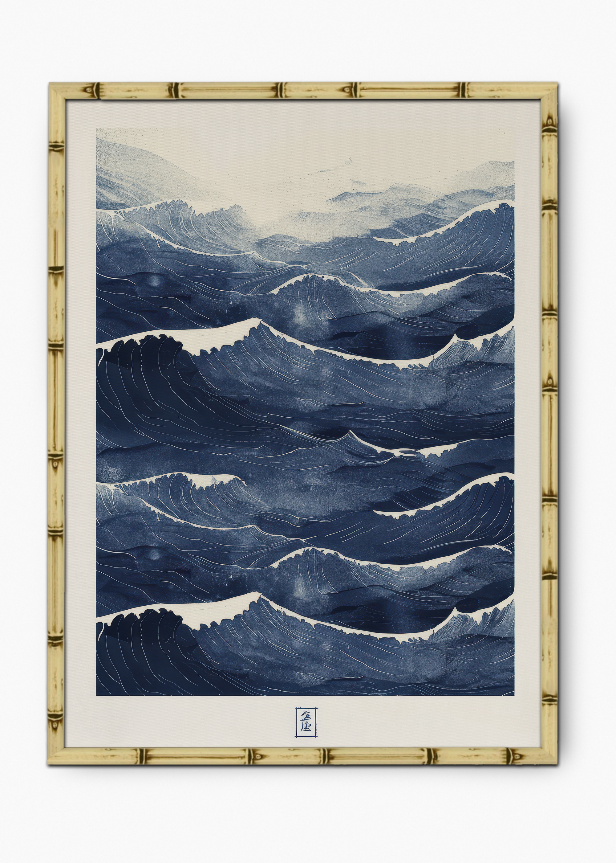 Quadro Japonês The Blue Waves Edição Especial Bamboo - Moldura Natural