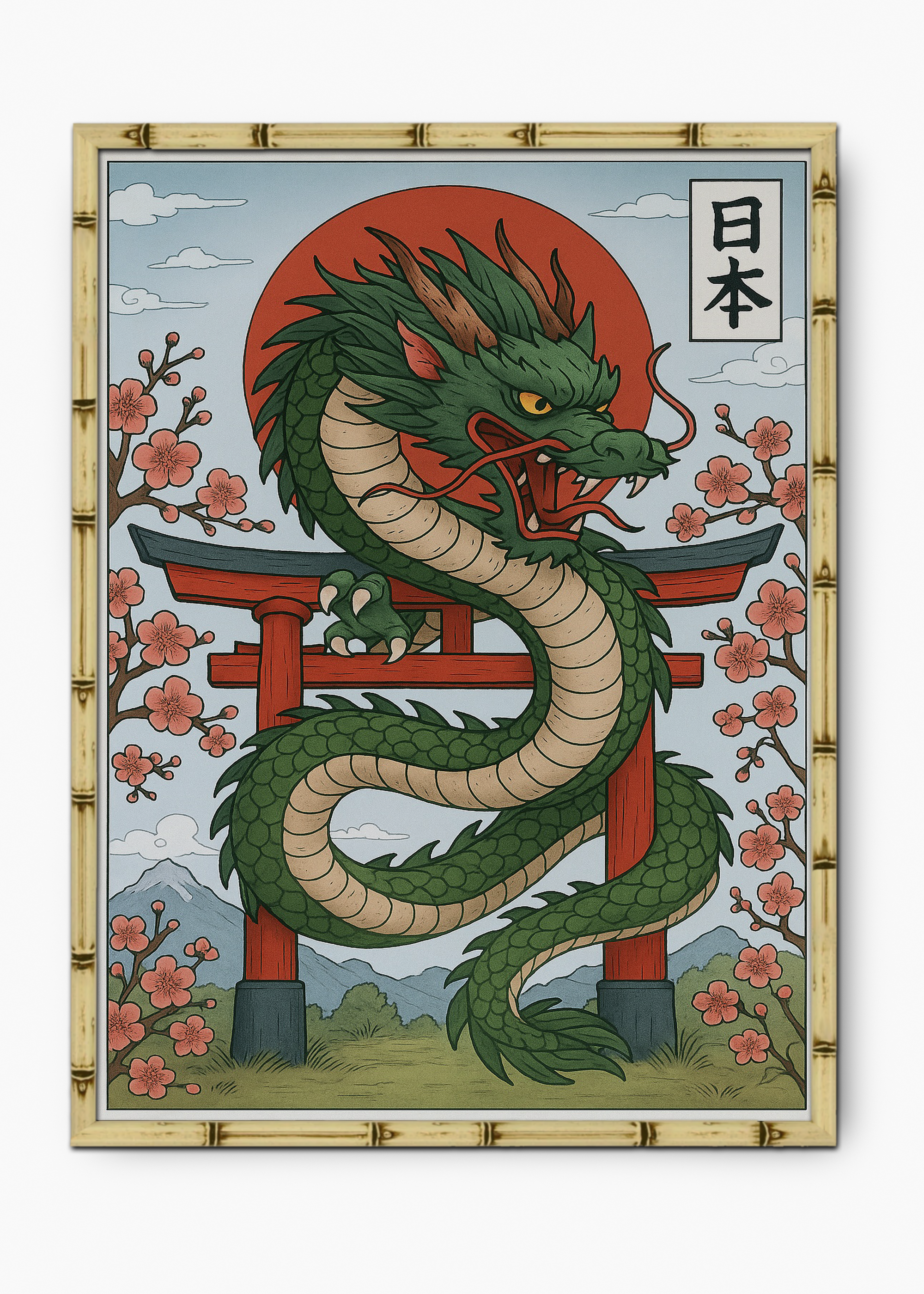 Quadro Japonês Green Dragon Edição Especial Bamboo - Moldura Natural