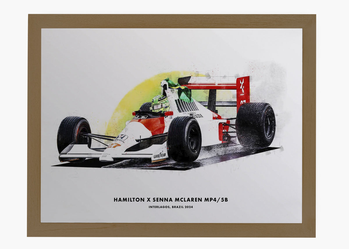 Quadro decorativo Lewis Hamilton McLaren MP4/4 Brasil 2024 — arte de automobilismo para parede | Cübe Quadros