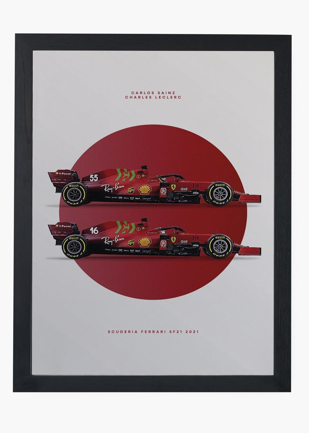 Quadro decorativo Scuderia Ferrari SF21 Leclerc e Sainz — arte de automobilismo para parede | Cübe Quadros