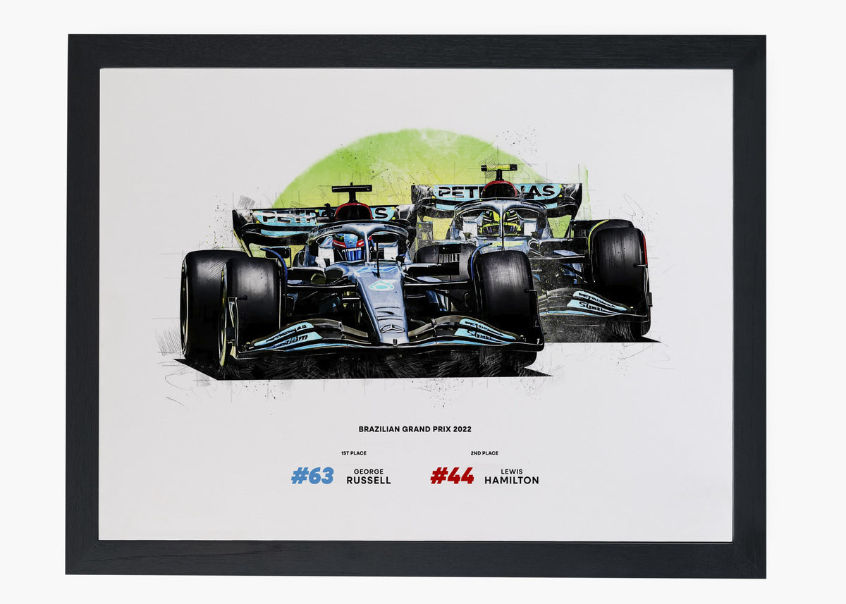 Quadro decorativo Lewis Hamilton e George Russell Brasil 2022 — arte de automobilismo para parede | Cübe Quadros