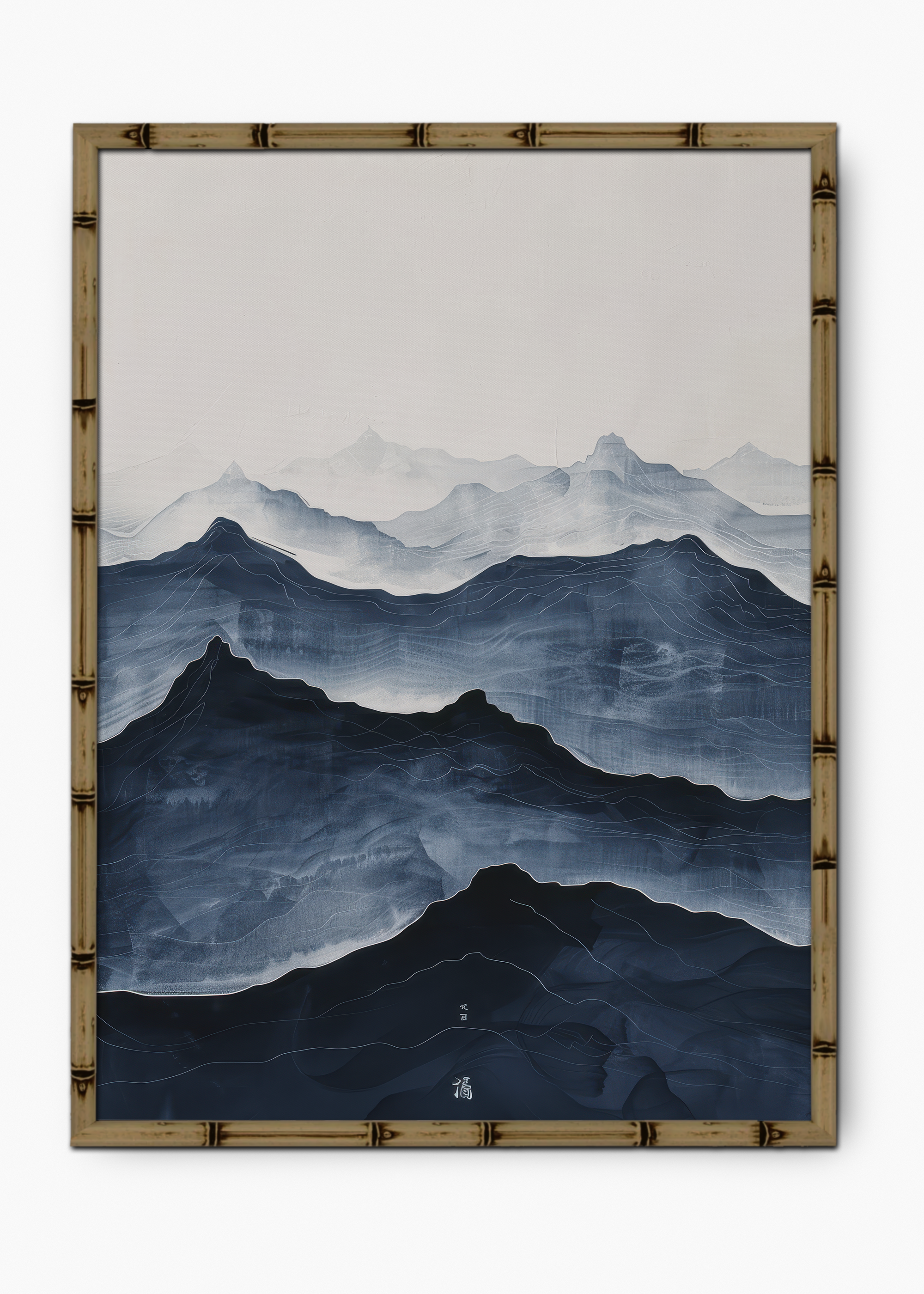 Quadro Japonês Blue Mountains Edição Especial Bamboo - Moldura Marrom
