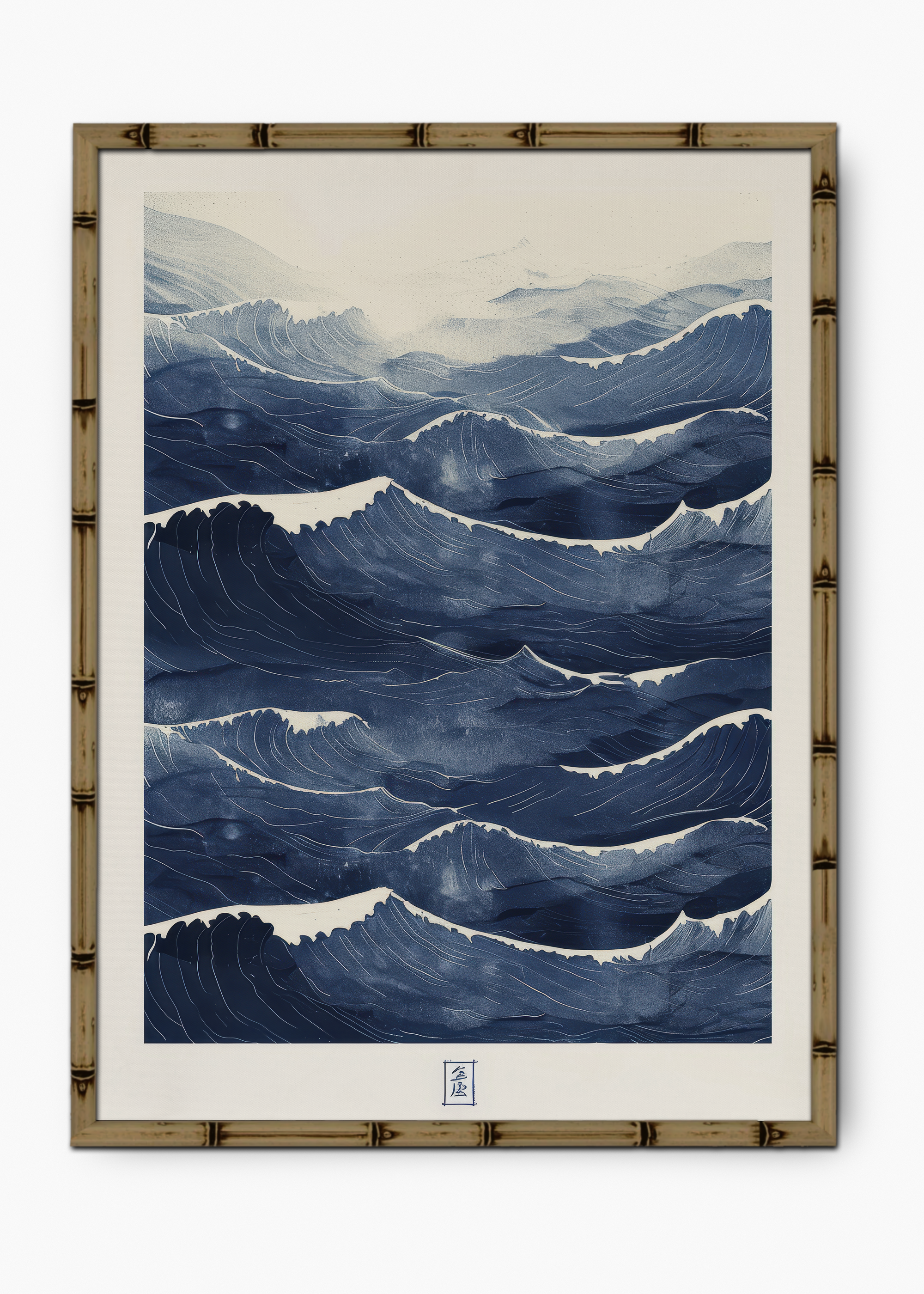 Quadro Japonês The Blue Waves Edição Especial Bamboo - Moldura Marrom