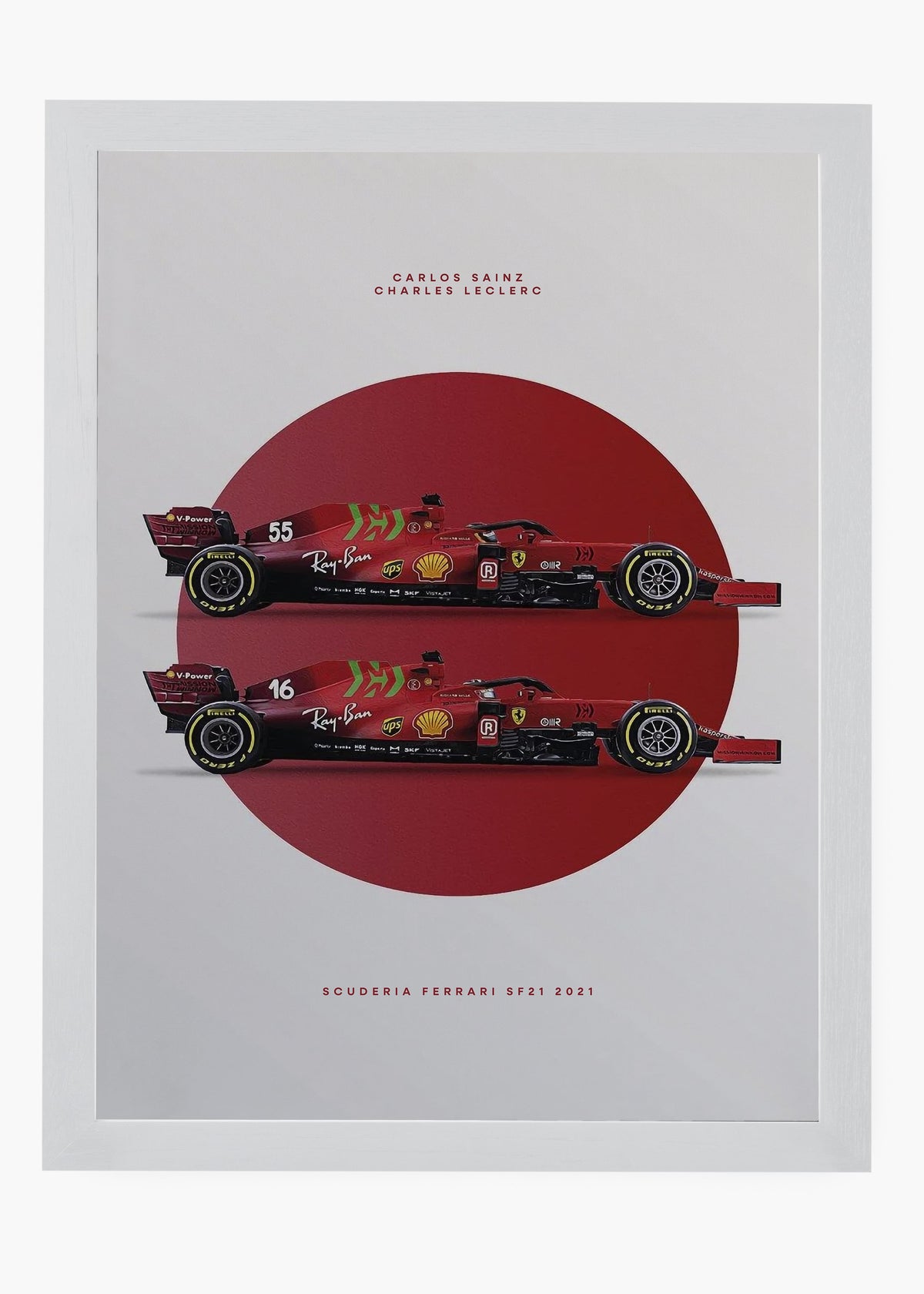 Quadro decorativo Scuderia Ferrari SF21 Leclerc e Sainz — arte de automobilismo para parede | Cübe Quadros