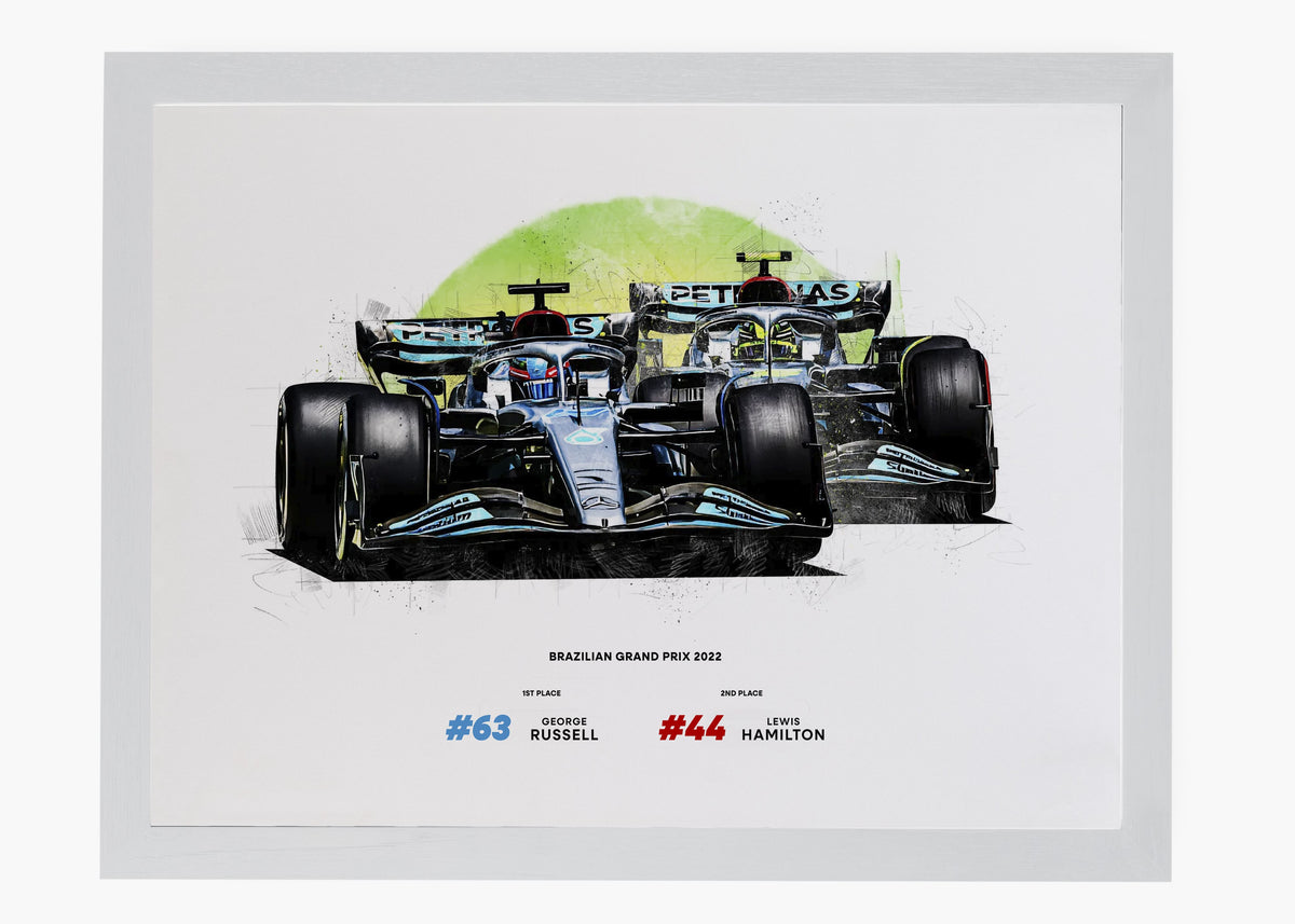 Quadro decorativo Lewis Hamilton e George Russell Brasil 2022 — arte de automobilismo para parede | Cübe Quadros
