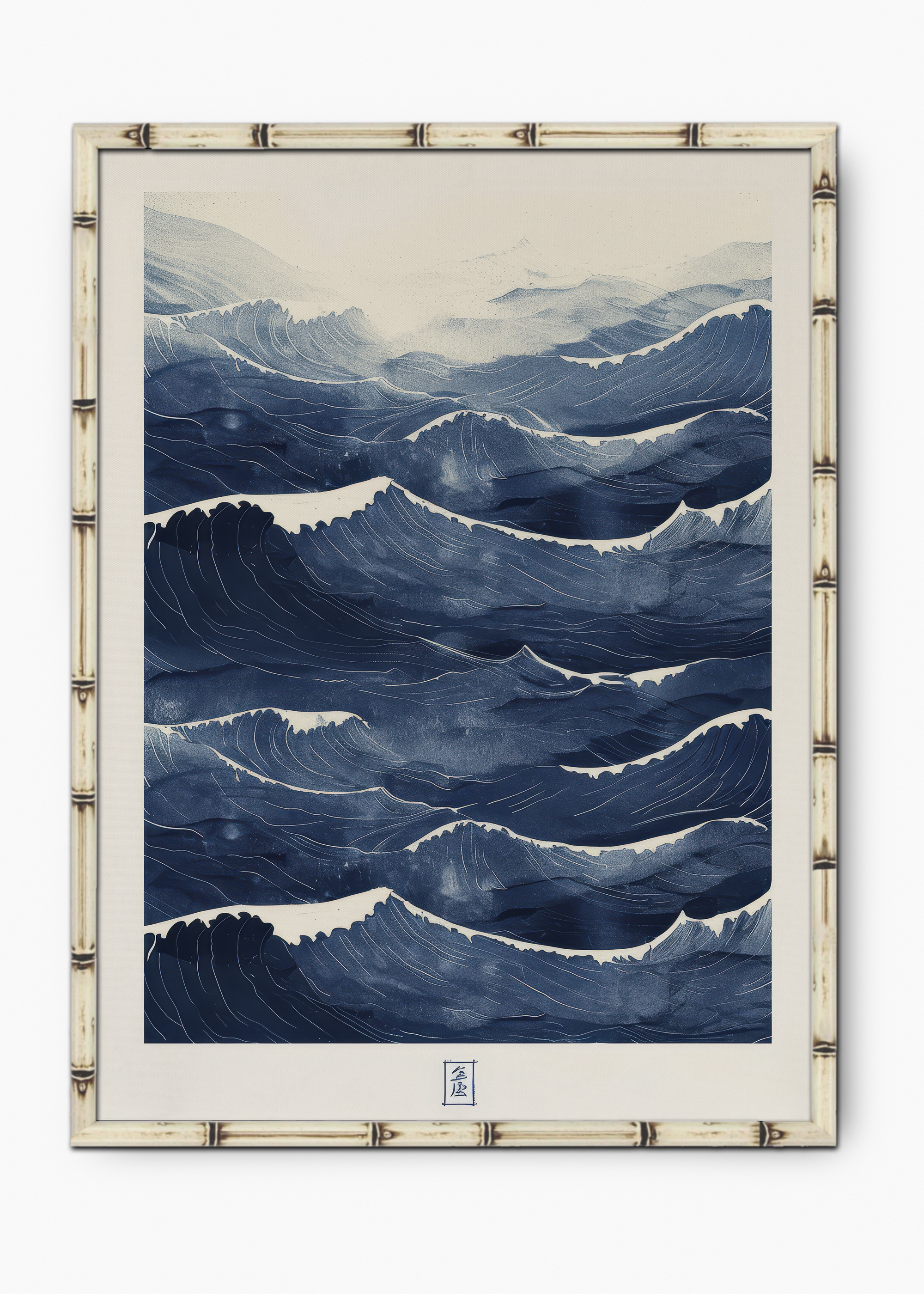 Quadro Japonês The Blue Waves Edição Especial Bamboo - Moldura Branco