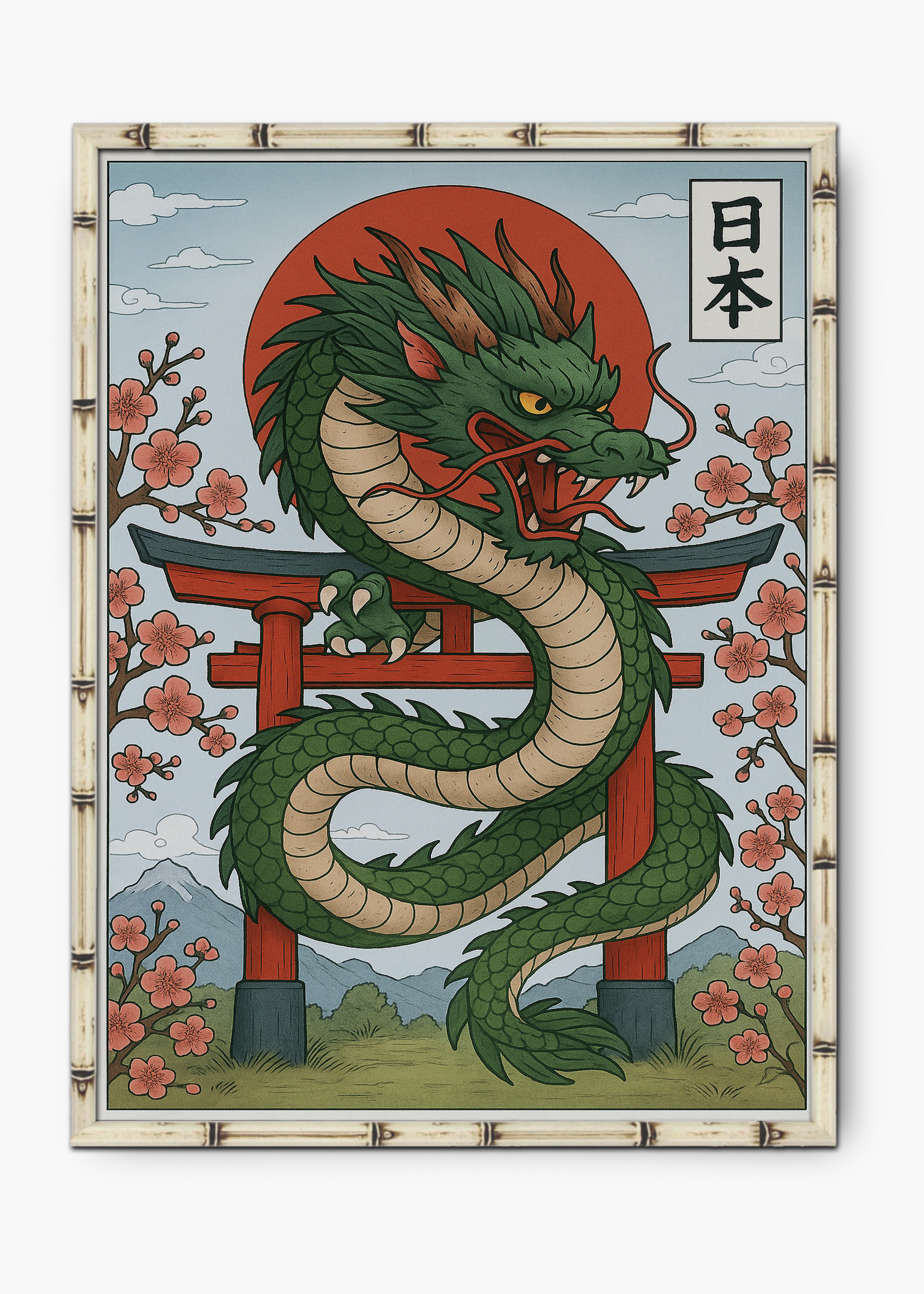 Quadro Japonês Green Dragon Edição Especial Bamboo - Moldura Branco