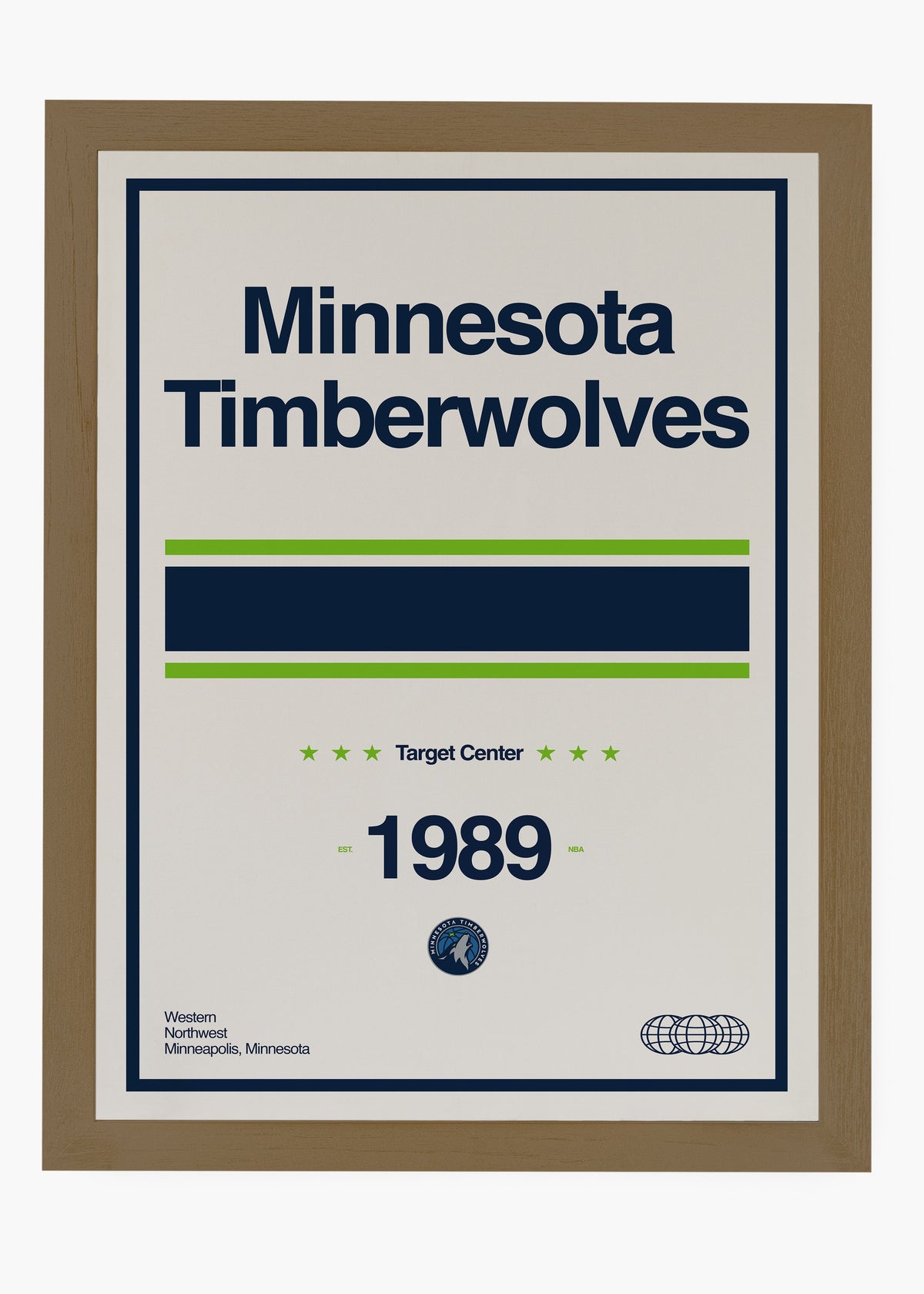 Quadro decorativo NBA Minnesota Timberwolves — arte de basquete para parede | Cübe Quadros