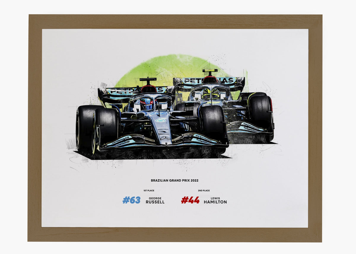 Quadro decorativo Lewis Hamilton e George Russell Brasil 2022 — arte de automobilismo para parede | Cübe Quadros