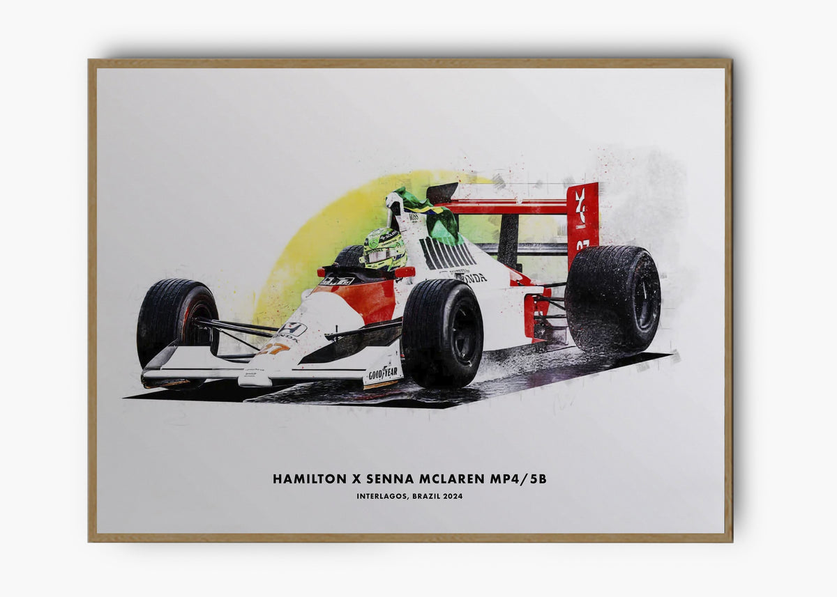 Quadro decorativo Lewis Hamilton McLaren MP4/4 Brasil 2024 — arte de automobilismo para parede | Cübe Quadros