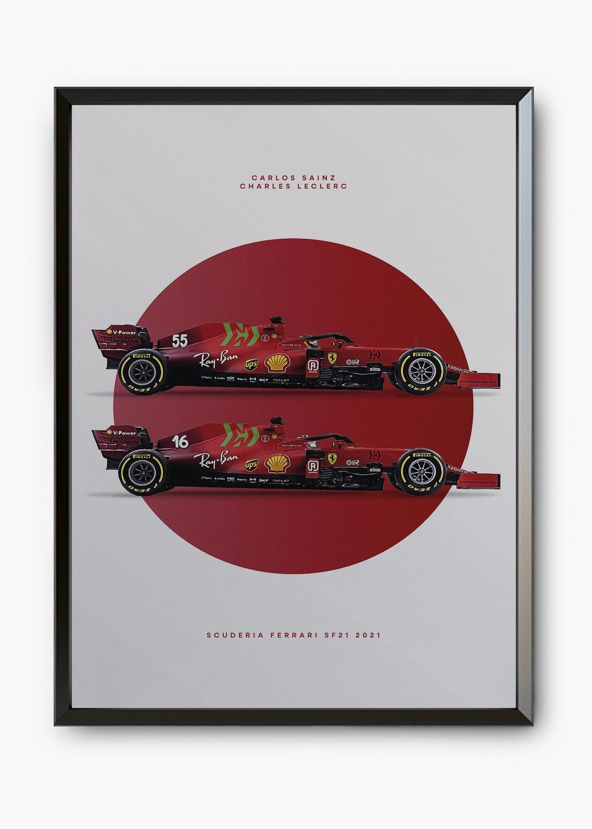 Quadro decorativo Scuderia Ferrari SF21 Leclerc e Sainz — arte de automobilismo para parede | Cübe Quadros