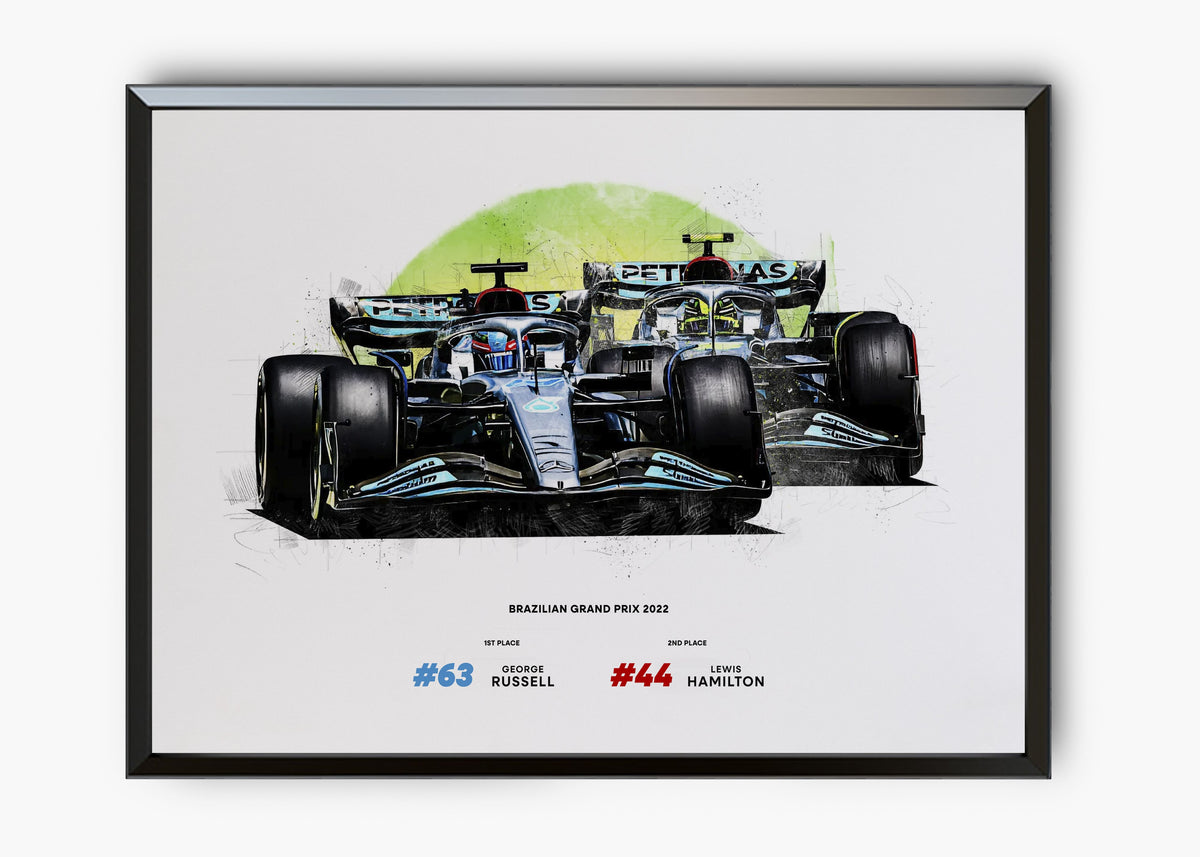 Quadro decorativo Lewis Hamilton e George Russell Brasil 2022 — arte de automobilismo para parede | Cübe Quadros