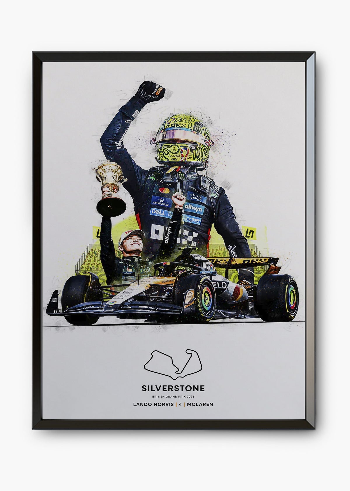 Quadro decorativo Lando Norris Silverstone 2025 — arte de automobilismo para parede | Cübe Quadros