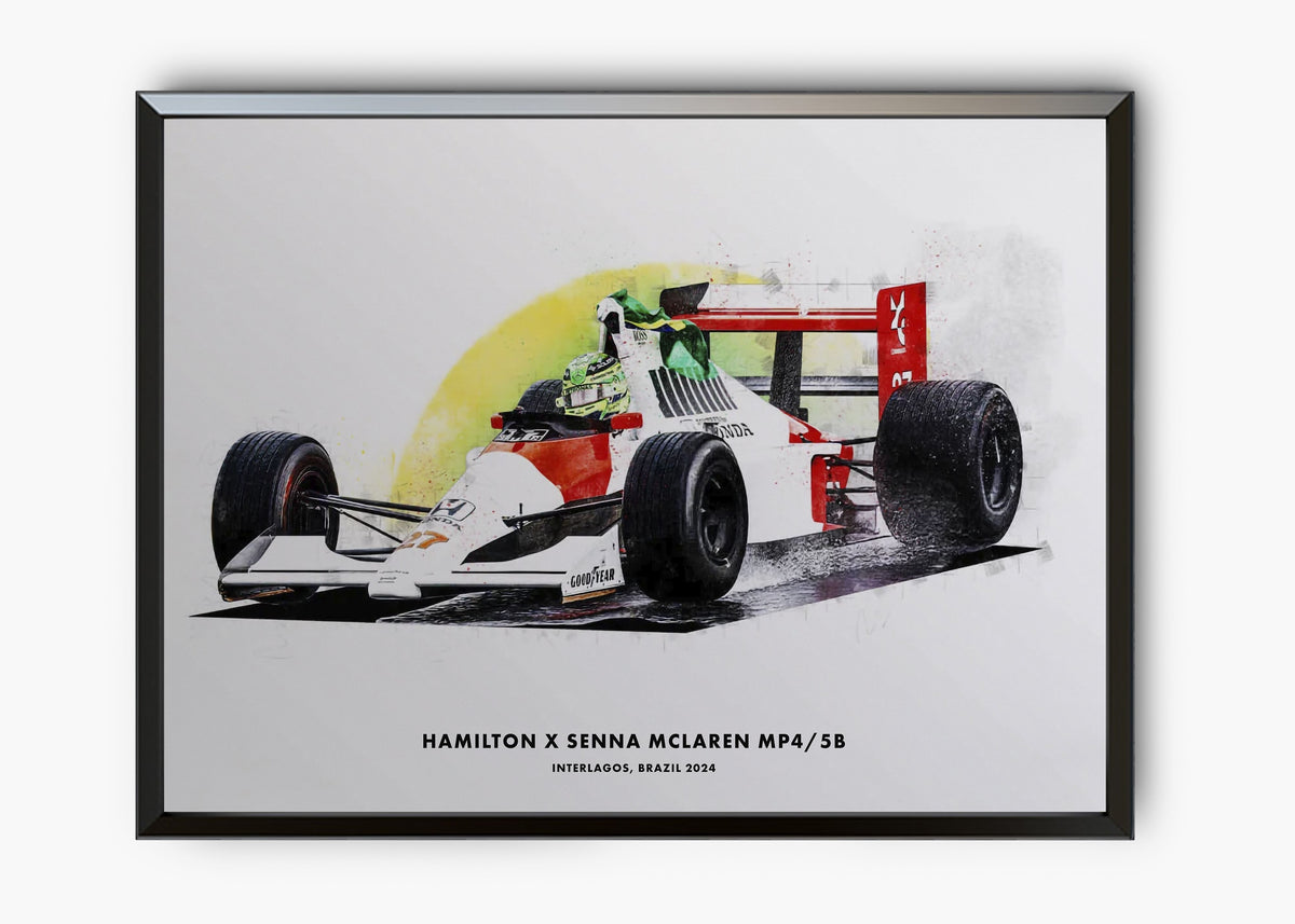 Quadro decorativo Lewis Hamilton McLaren MP4/4 Brasil 2024 — arte de automobilismo para parede | Cübe Quadros