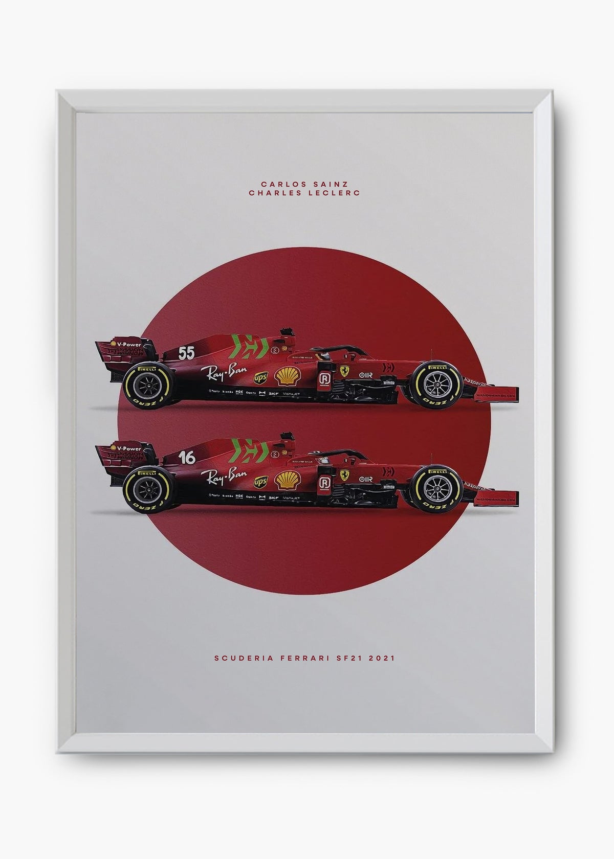 Quadro decorativo Scuderia Ferrari SF21 Leclerc e Sainz — arte de automobilismo para parede | Cübe Quadros