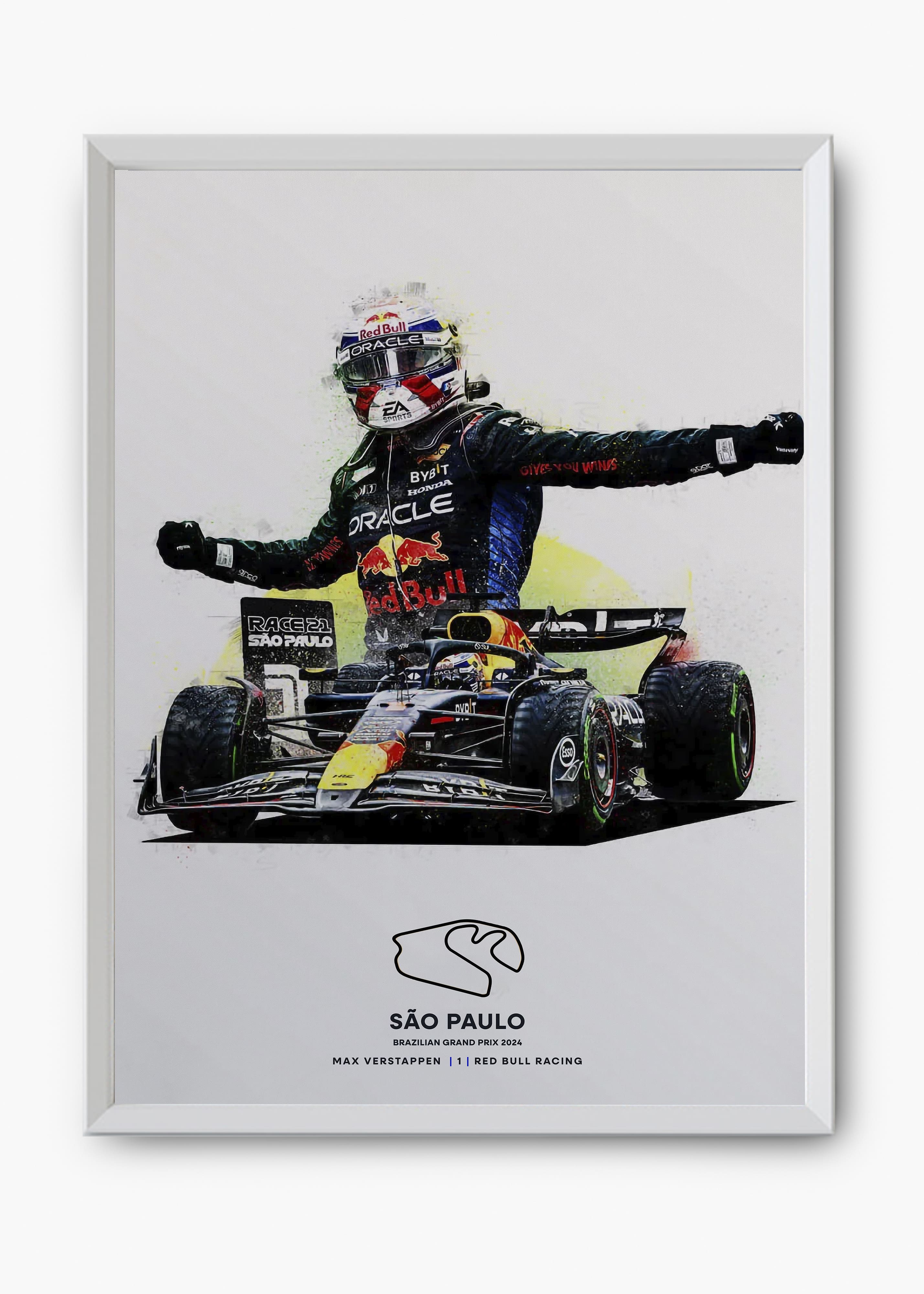 Quadro decorativo Max Verstappen São Paulo 2024 — arte de automobilismo para parede | Cübe Quadros