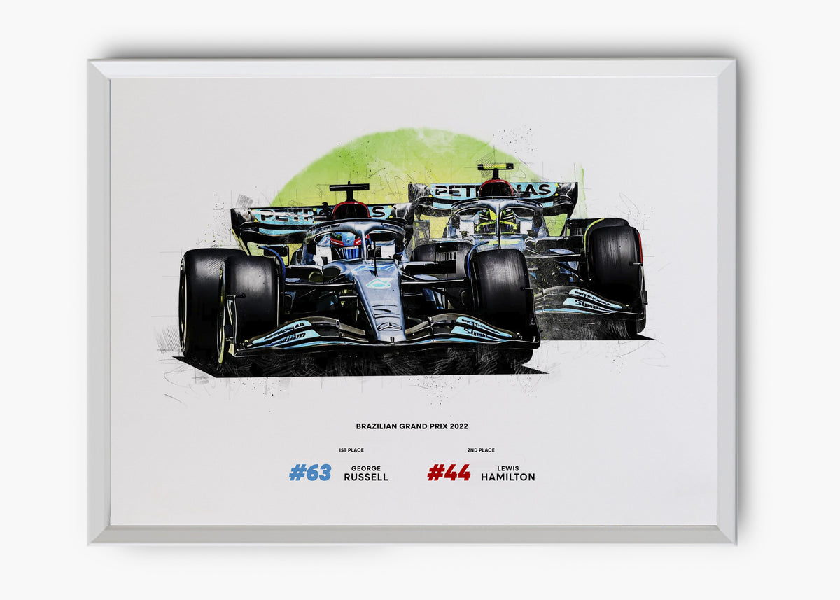 Quadro decorativo Lewis Hamilton e George Russell Brasil 2022 — arte de automobilismo para parede | Cübe Quadros