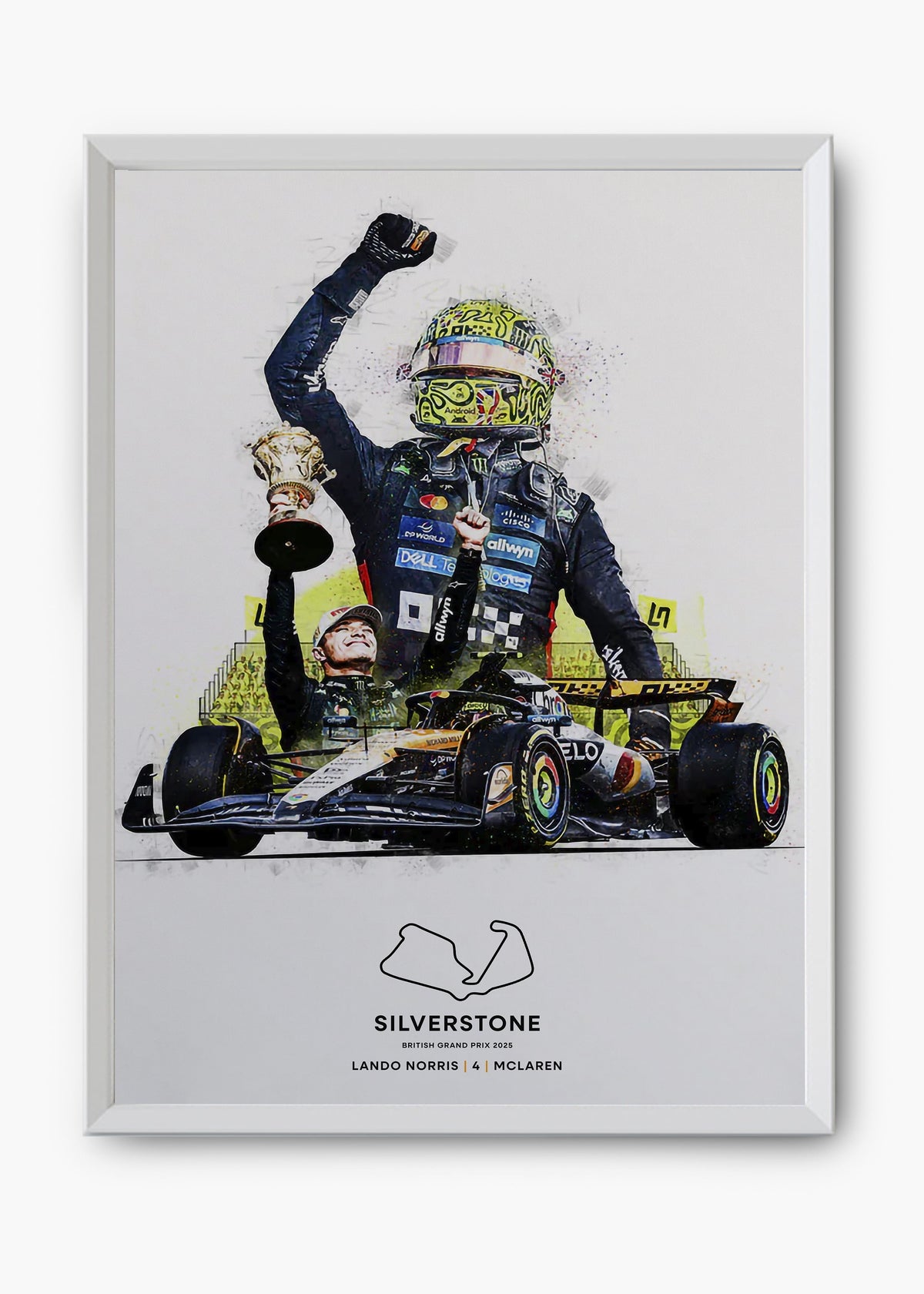Quadro decorativo Lando Norris Silverstone 2025 — arte de automobilismo para parede | Cübe Quadros