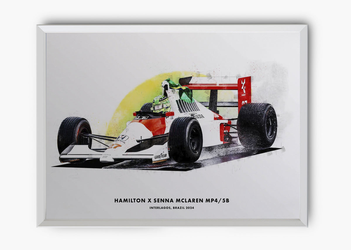 Quadro decorativo Lewis Hamilton McLaren MP4/4 Brasil 2024 — arte de automobilismo para parede | Cübe Quadros