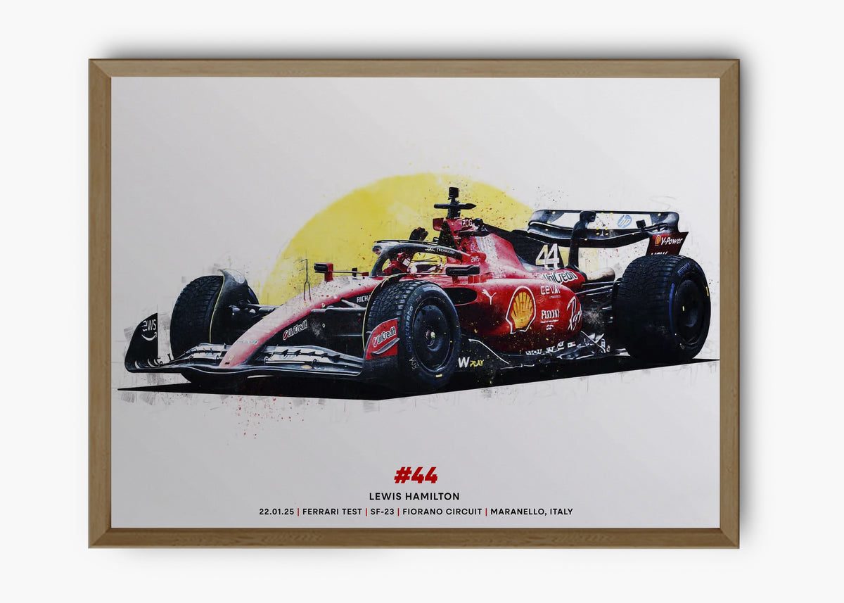 Quadro decorativo Lewis Hamilton Ferrari Test — arte de automobilismo para parede | Cübe Quadros