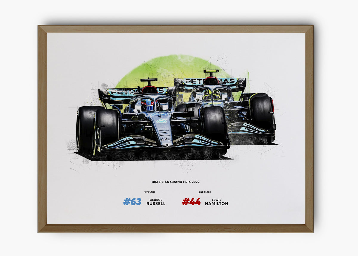 Quadro decorativo Lewis Hamilton e George Russell Brasil 2022 — arte de automobilismo para parede | Cübe Quadros