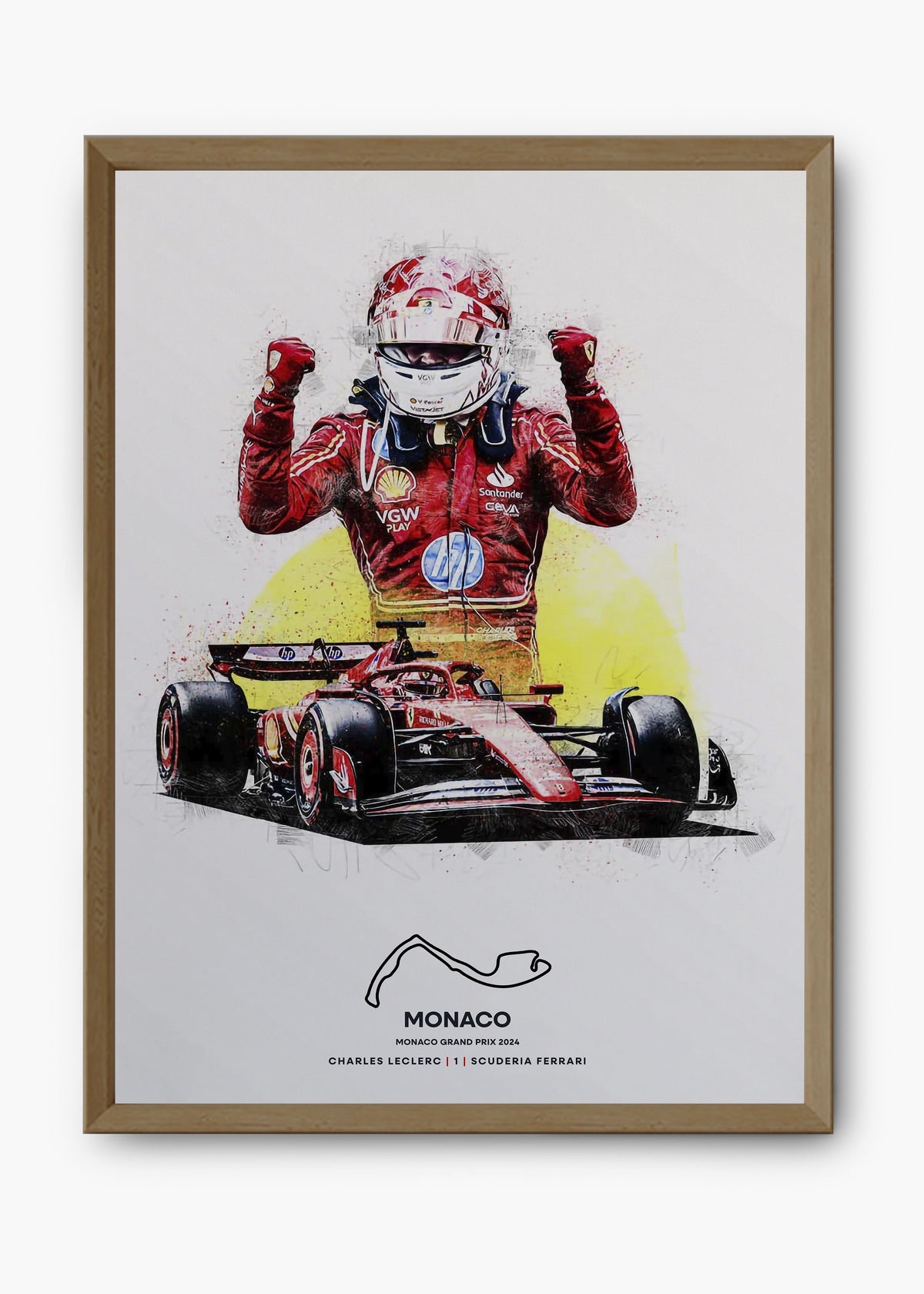 Quadro decorativo Charles Leclerc Mônaco 2024 — arte de automobilismo para parede | Cübe Quadros