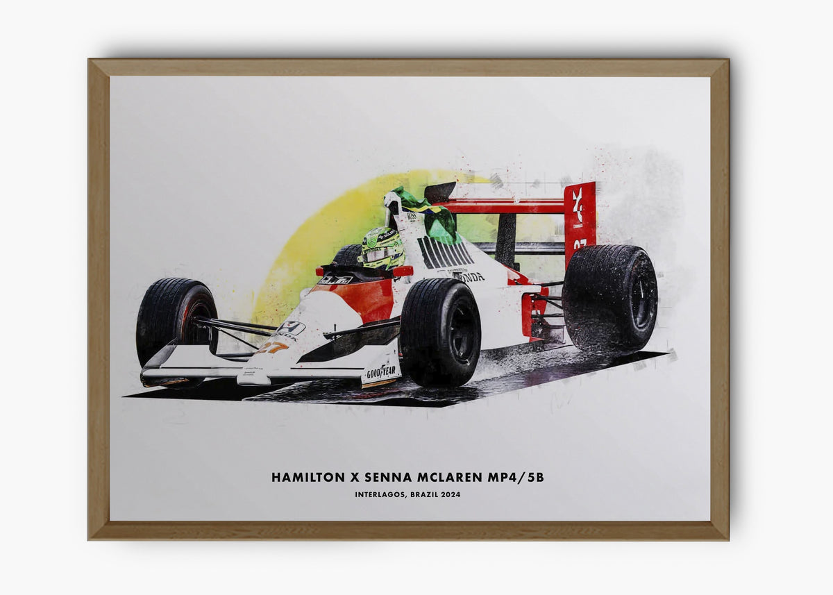 Quadro decorativo Lewis Hamilton McLaren MP4/4 Brasil 2024 — arte de automobilismo para parede | Cübe Quadros