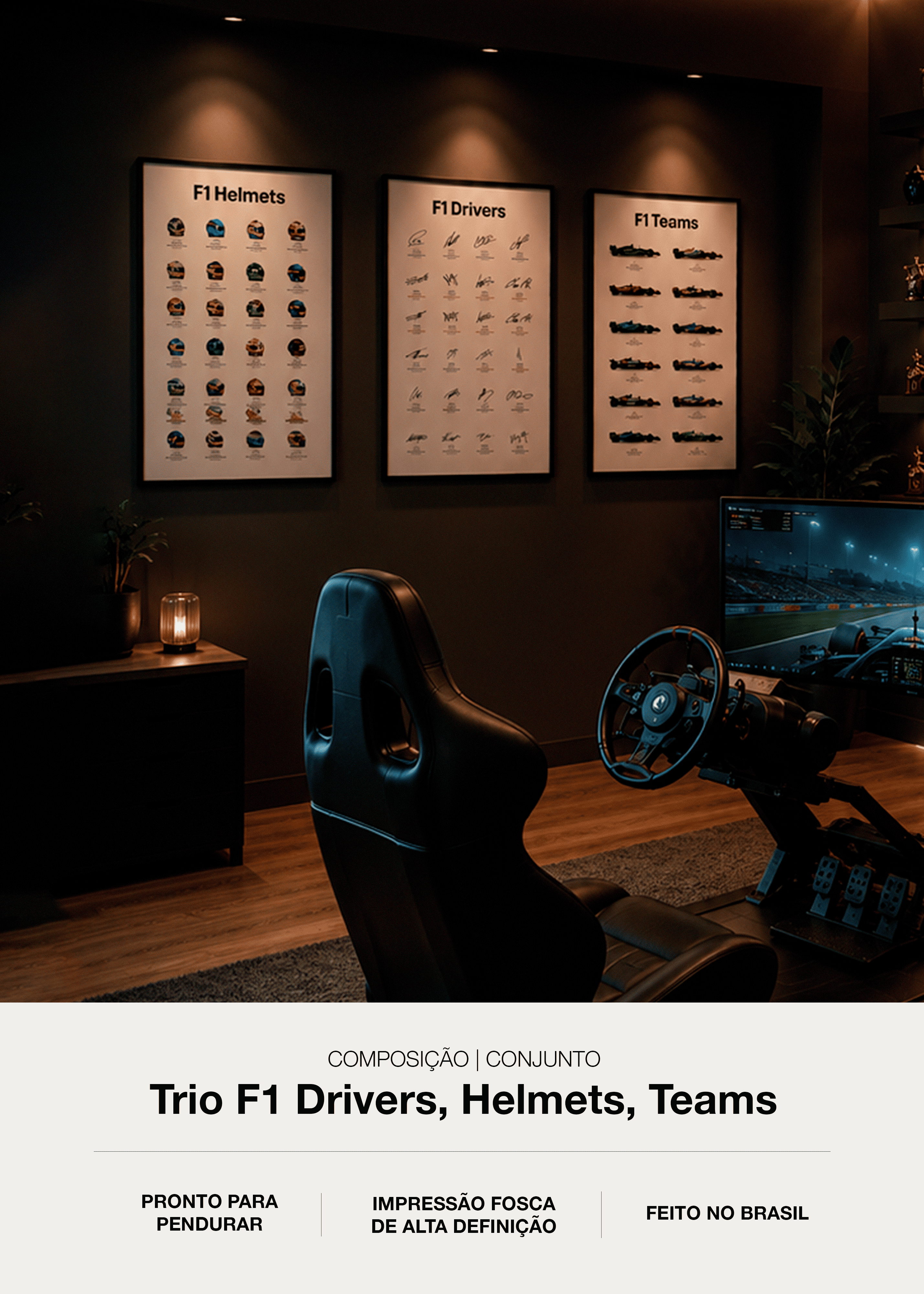Trio de Quadros Formula 1 - Drivers, Helmet, Teams