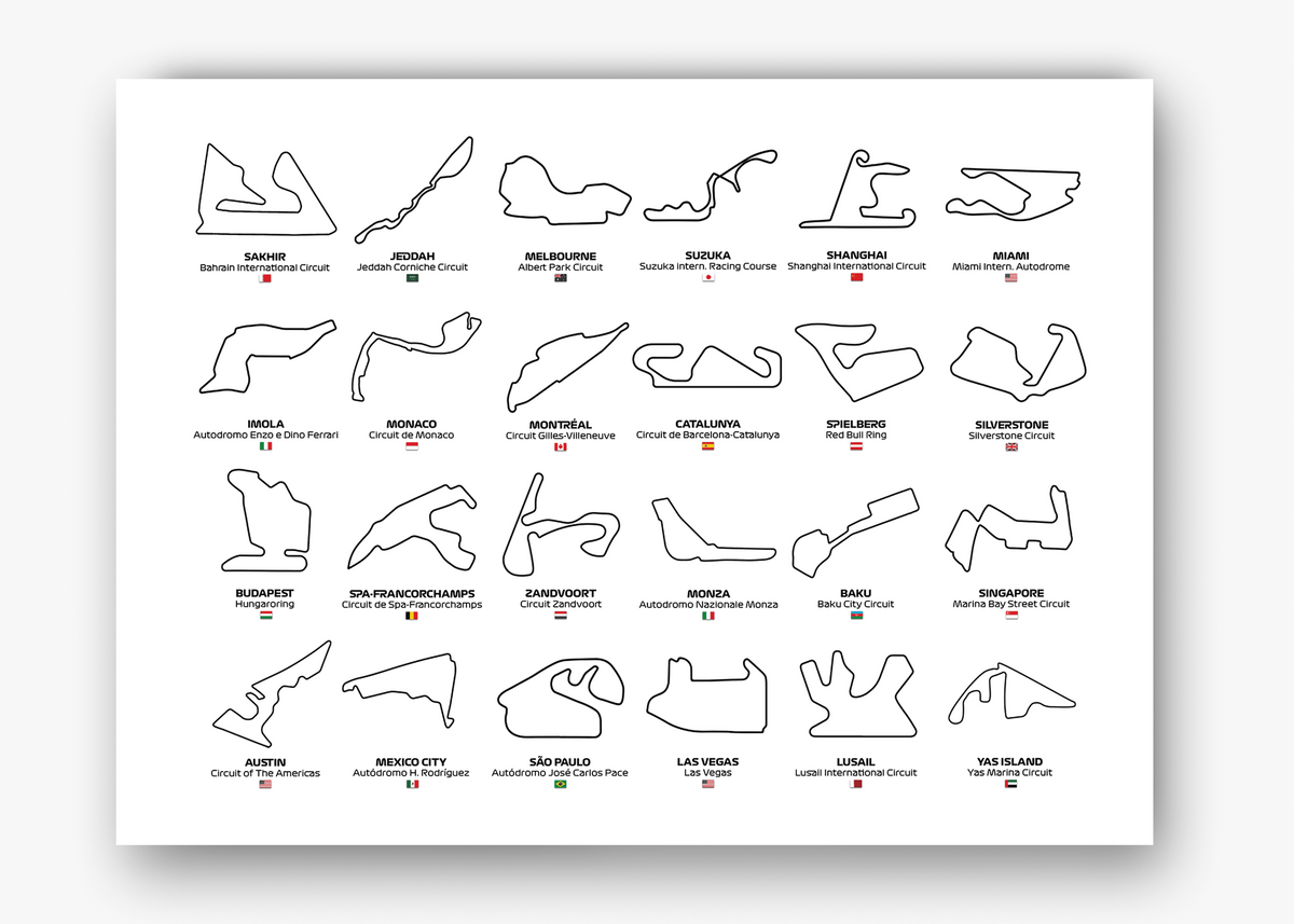 Quadro decorativo F1 Circuits 2024 — arte de automobilismo para parede | Cübe Quadros