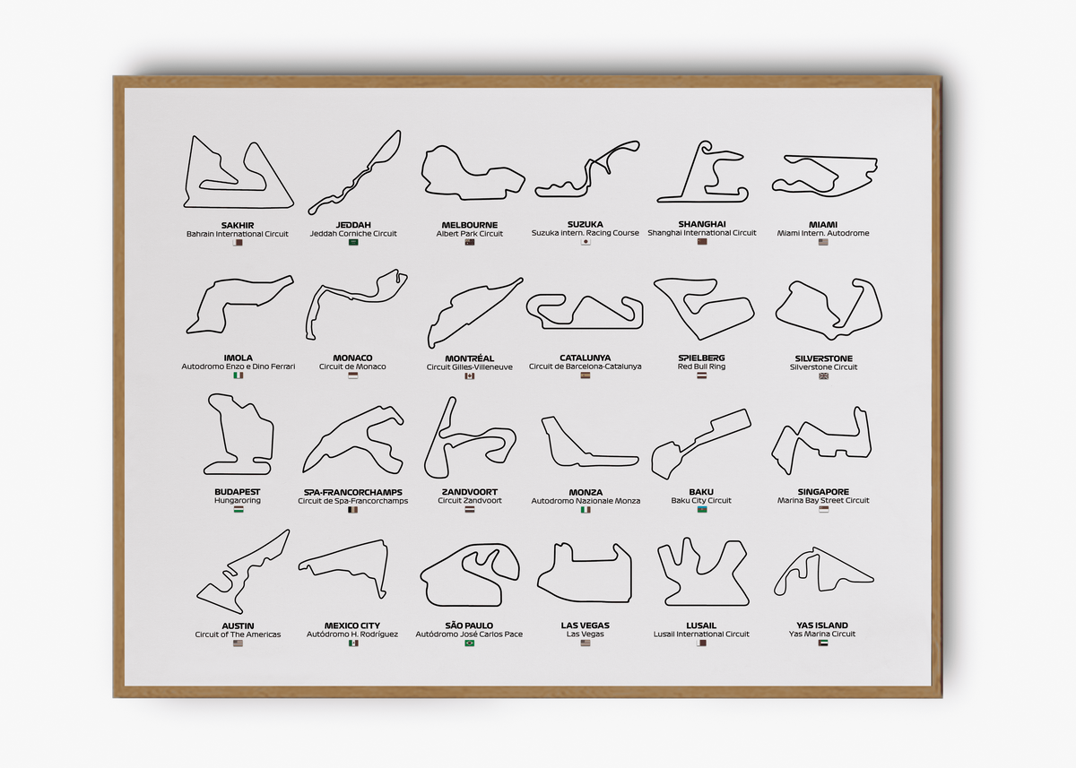 Quadro decorativo F1 Circuits 2024 — arte de automobilismo para parede | Cübe Quadros