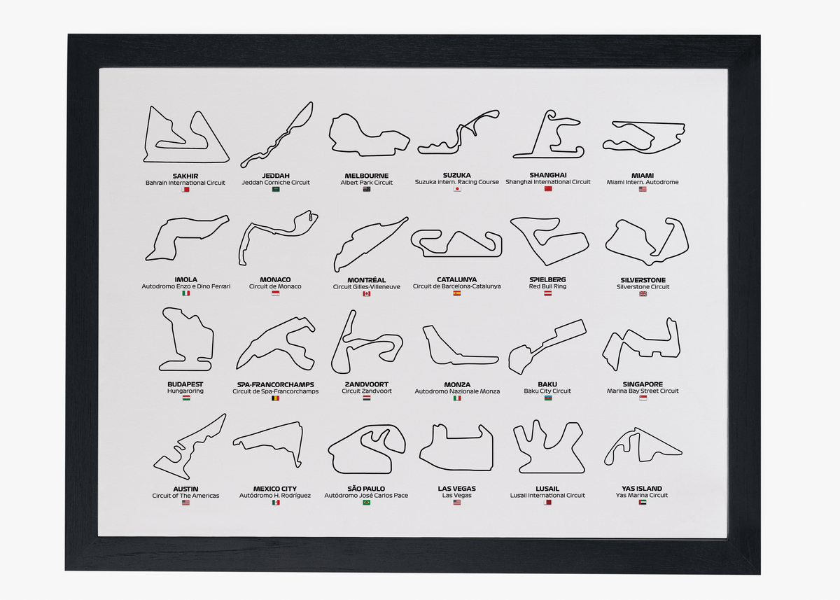 Quadro decorativo F1 Circuits 2024 — arte de automobilismo para parede | Cübe Quadros