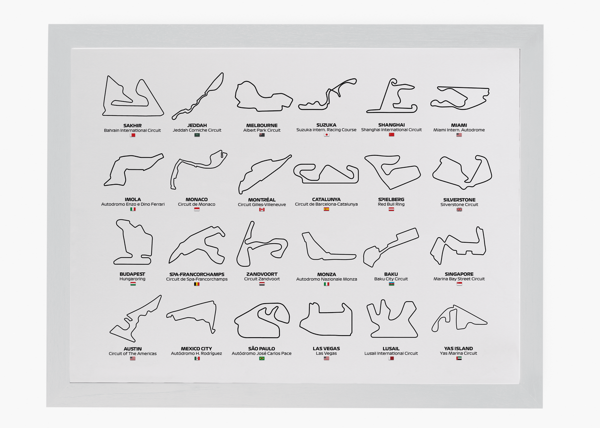 Quadro decorativo F1 Circuits 2024 — arte de automobilismo para parede | Cübe Quadros