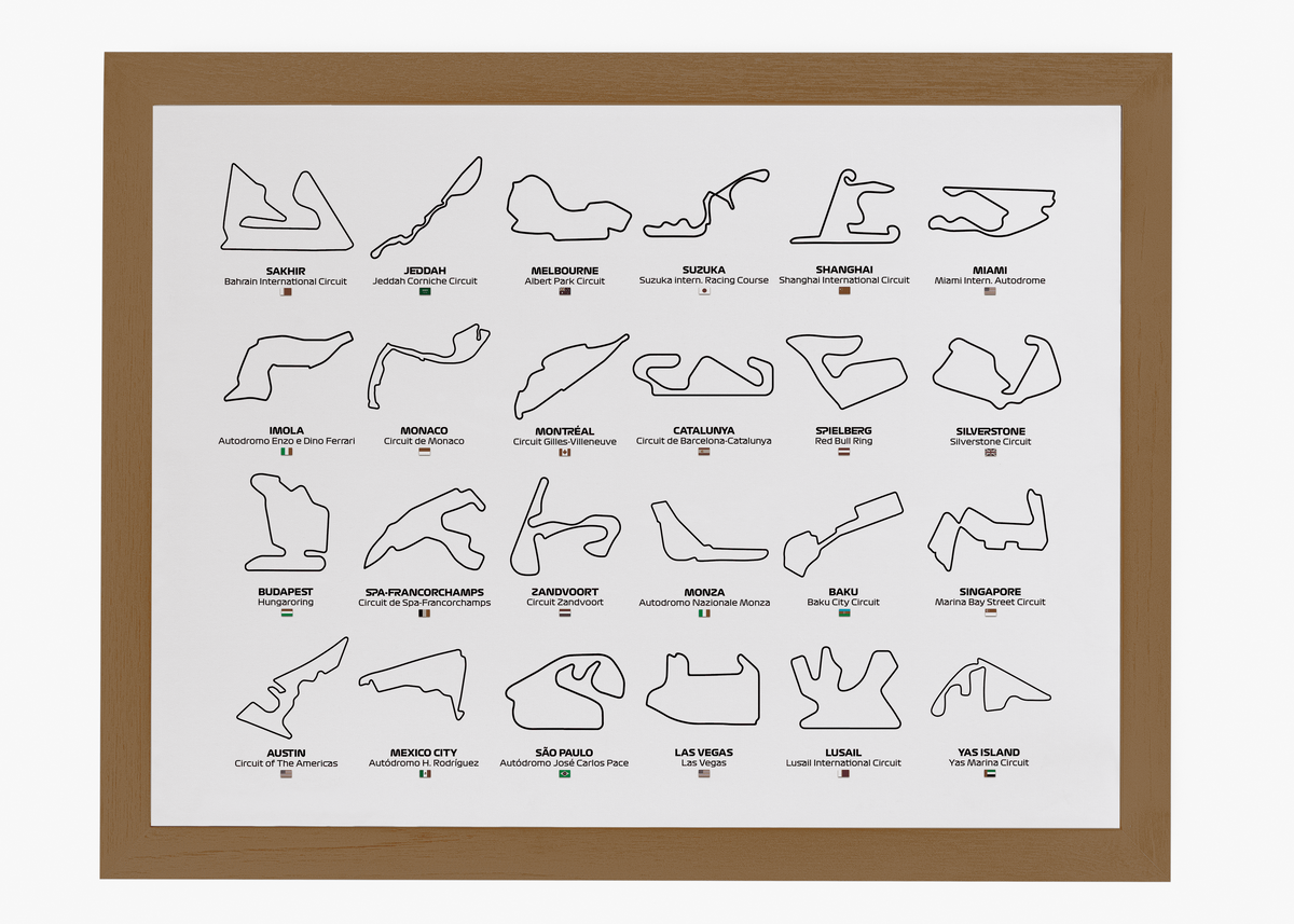 Quadro decorativo F1 Circuits 2024 — arte de automobilismo para parede | Cübe Quadros