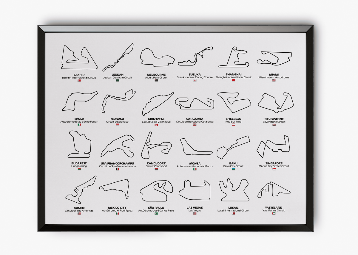 Quadro decorativo F1 Circuits 2024 — arte de automobilismo para parede | Cübe Quadros