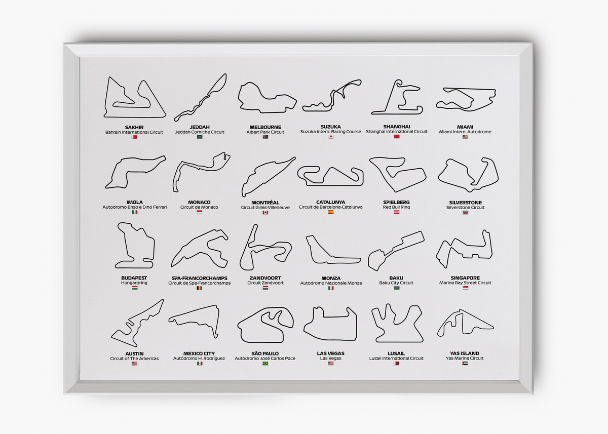 Quadro decorativo F1 Circuits 2024 — arte de automobilismo para parede | Cübe Quadros
