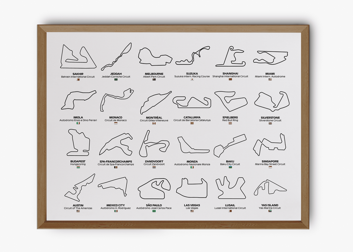 Quadro decorativo F1 Circuits 2024 — arte de automobilismo para parede | Cübe Quadros